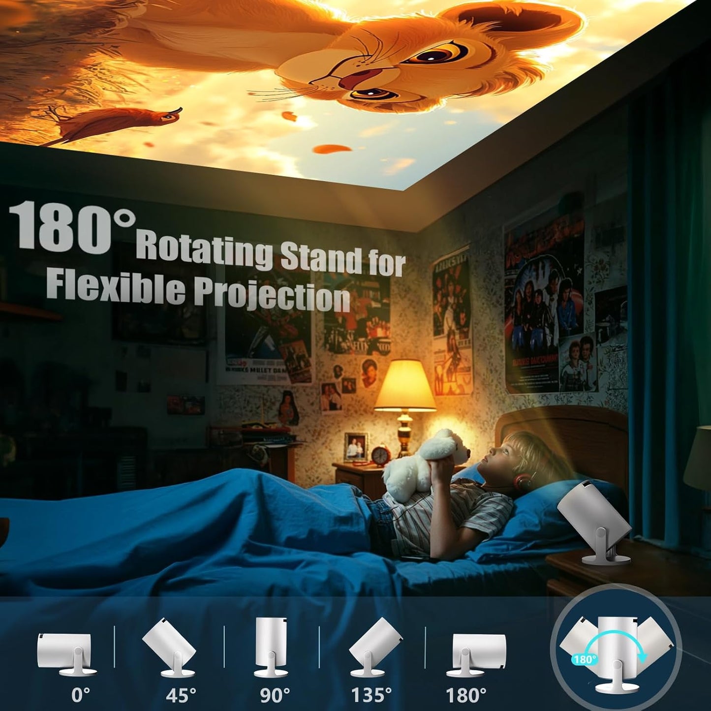 [Built-in Apps & Auto Keystone] AKIYO O2 Projector 2026 Upgraded 18000 Lumen with WiFi6 and Bluetooth 5.4, Mini Projector 1080P Full HD Supported, 180° Rotation Compatible with HDMI/USB/Laptop/PS5
