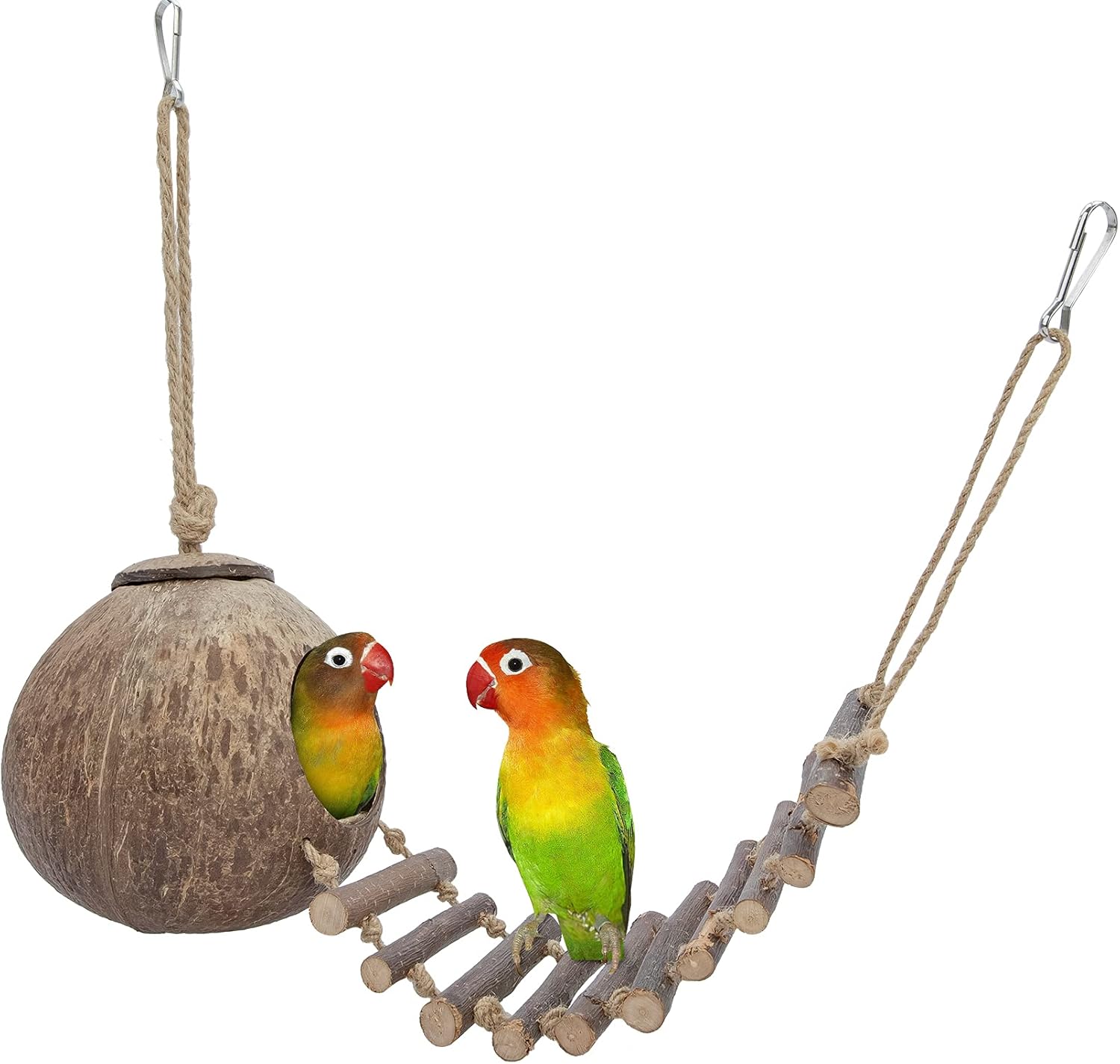 Niteangel Natural Bird Nests Coconut Hideaway with Ladder, Bird and Small Animal Toy (House with Ladder, Natural Surface) - Comfort Style