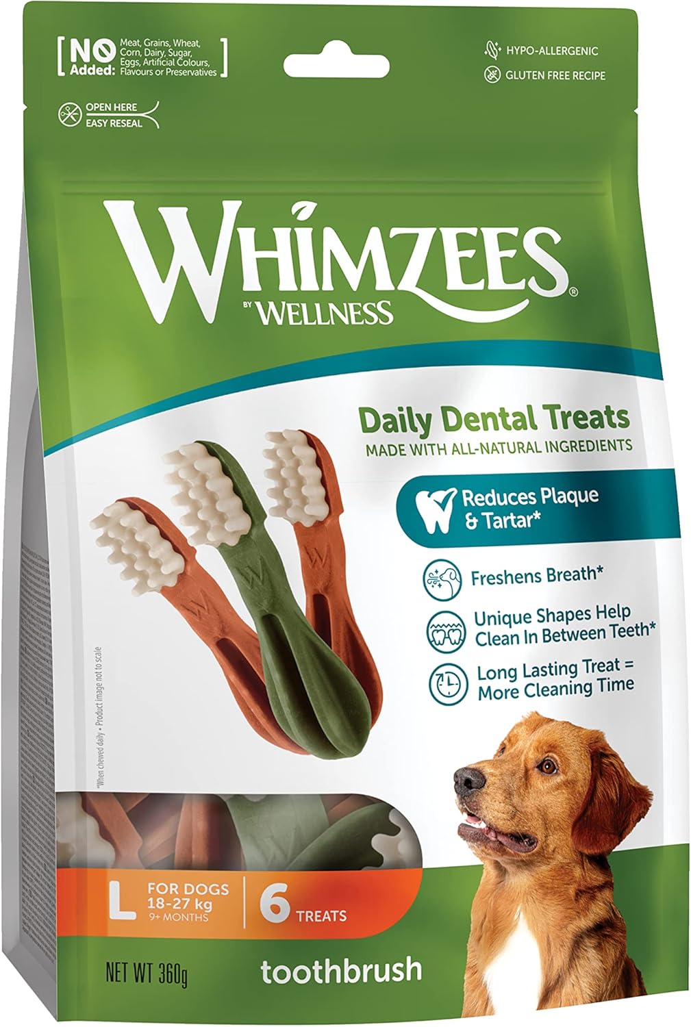 WHIMZEES By Wellness Toothbrush, Month Box, Natural and Grain-Free Dog Chews, Dog Dental Sticks for Small Breeds, 30 Pieces (One Month Supply), Size S - Comfort Style