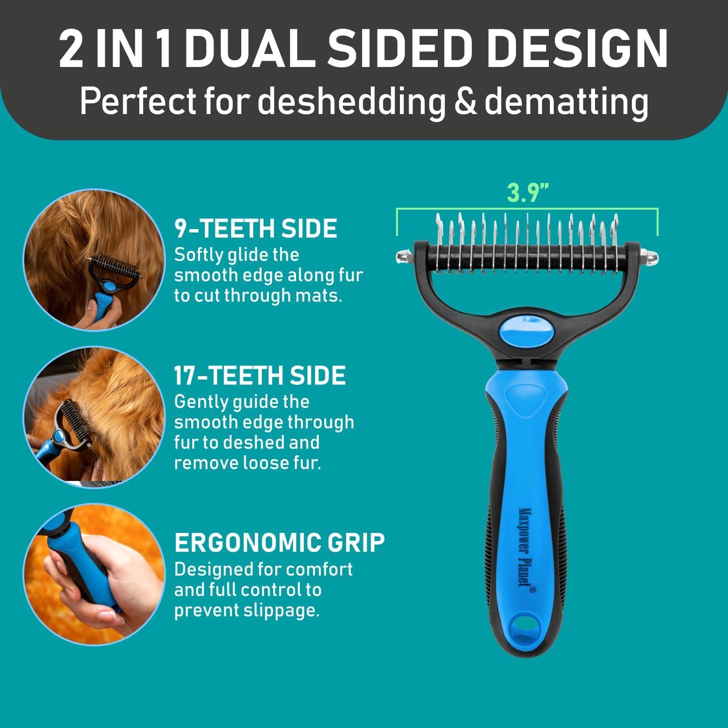 Maxpower Planet Dog Brush - Reduce Shedding by 95% - Double Sided Deshedding Dematting Tool - Undercoat Rake Dog, Cat Brush - Dog Brushes Shedding Hair - Dog Grooming Brush - Cat Grooming Brush, Blue - Comfort Style