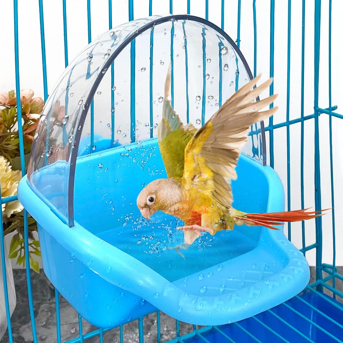 Bird Bath Tub,Hanging Birdbath Box Toy Budgies Caged Bathing Tubs Parrot Bath Tub Water Shower Food Feeder Holder Tray Bird Baths for Birdcages Accessory Small Birds Canary Cockatiel Parakeet(Blue) - Comfort Style