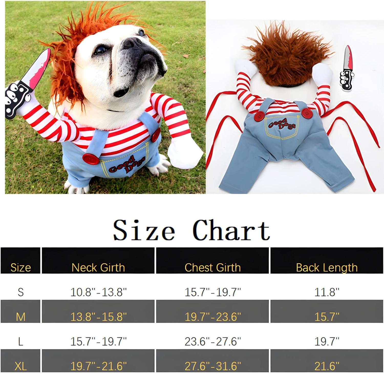 DELIFUR Dog Chucky Costume Pet Halloween Clothes Cat Cosplay Party Suit Funny Dog Costume Small to Large Dogs(S)