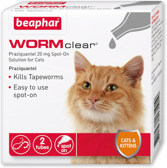 Beaphar | WORMclear(r) Spot-On for Cats | Kills Tapeworms | Vet Strength Treatment | Easy To Use | Suitable for Cats & Kittens Weighing More than 1kg | 2 Pipettes - Comfort Style