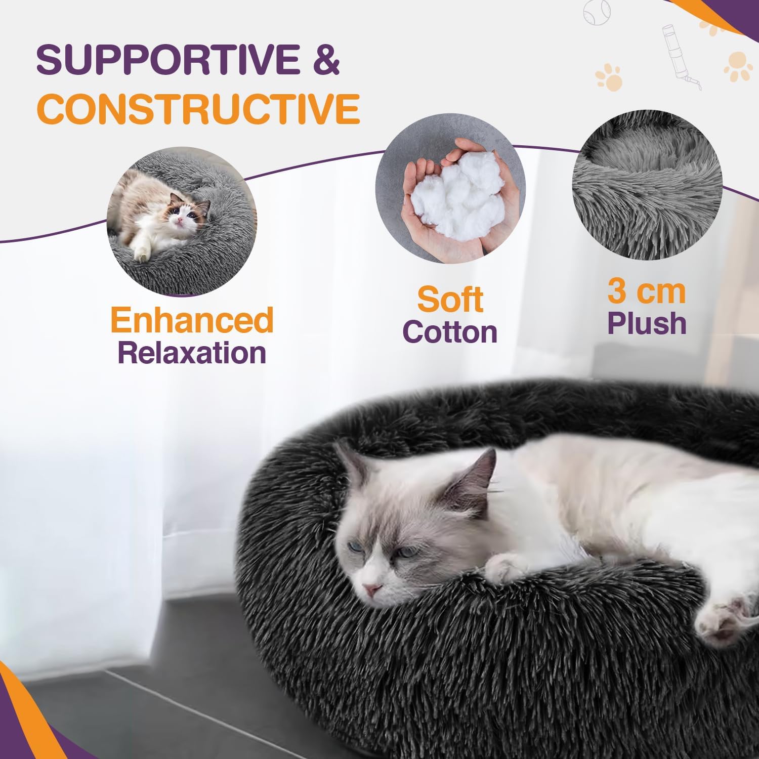 ELYF 50cm Dark Grey Donut Cat Beds for Indoor Cats Clearance, Kitten Bed and Puppy Bed with Anti-Slip Waterproof Bottom, Fluffy Cosy Pet Bedding & Furniture for Small Dog Bed Clearance, Large Cat Bed - Comfort Style