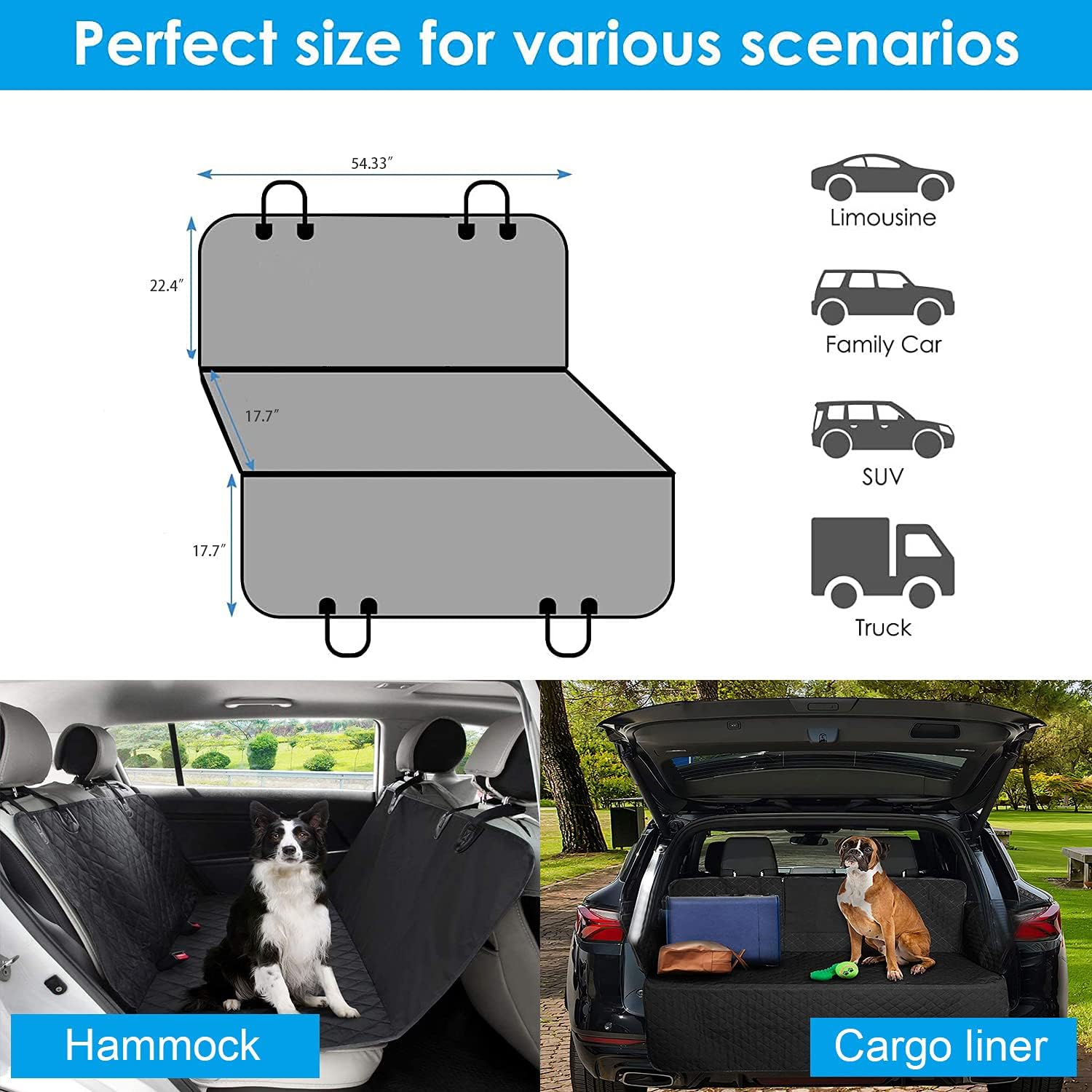 Petnice Pet Back Seat Covers, Waterproof Scratch Proof Nonslip Dog Travel Hammock with Seat Anchors for Cars Trucks SUV, Car Boot Liner - Comfort Style