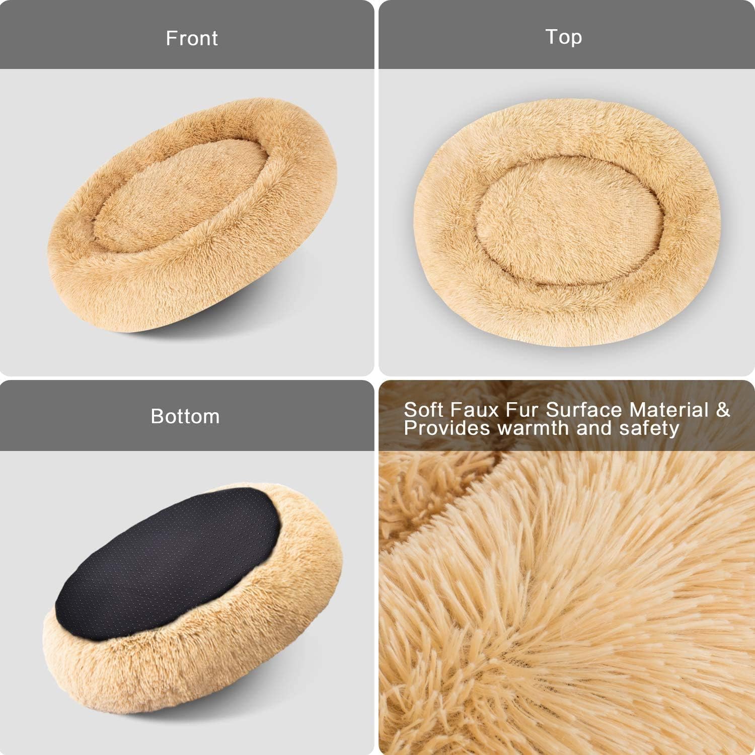 MFOX Calming Dog Bed Cat Bed Donut, Faux Fur Donut Cuddler Washable Self-Warming Pet Bed, Large Round Plush Dog Bed for Small/Medium/Large Dogs(60cm/80cm/90cm/110cm) - Comfort Style