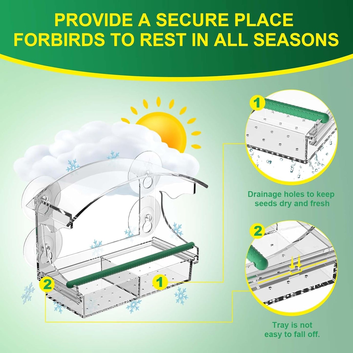 Window Bird Feeders with 4 Strong Suction Cups and Detachable Seed Tray for Small Birds only, BPYOT Acrylic Clear Bird Feeders are Unique Gardening Gifts for Elderly Grandpa/Grandma/Grandparents - Comfort Style