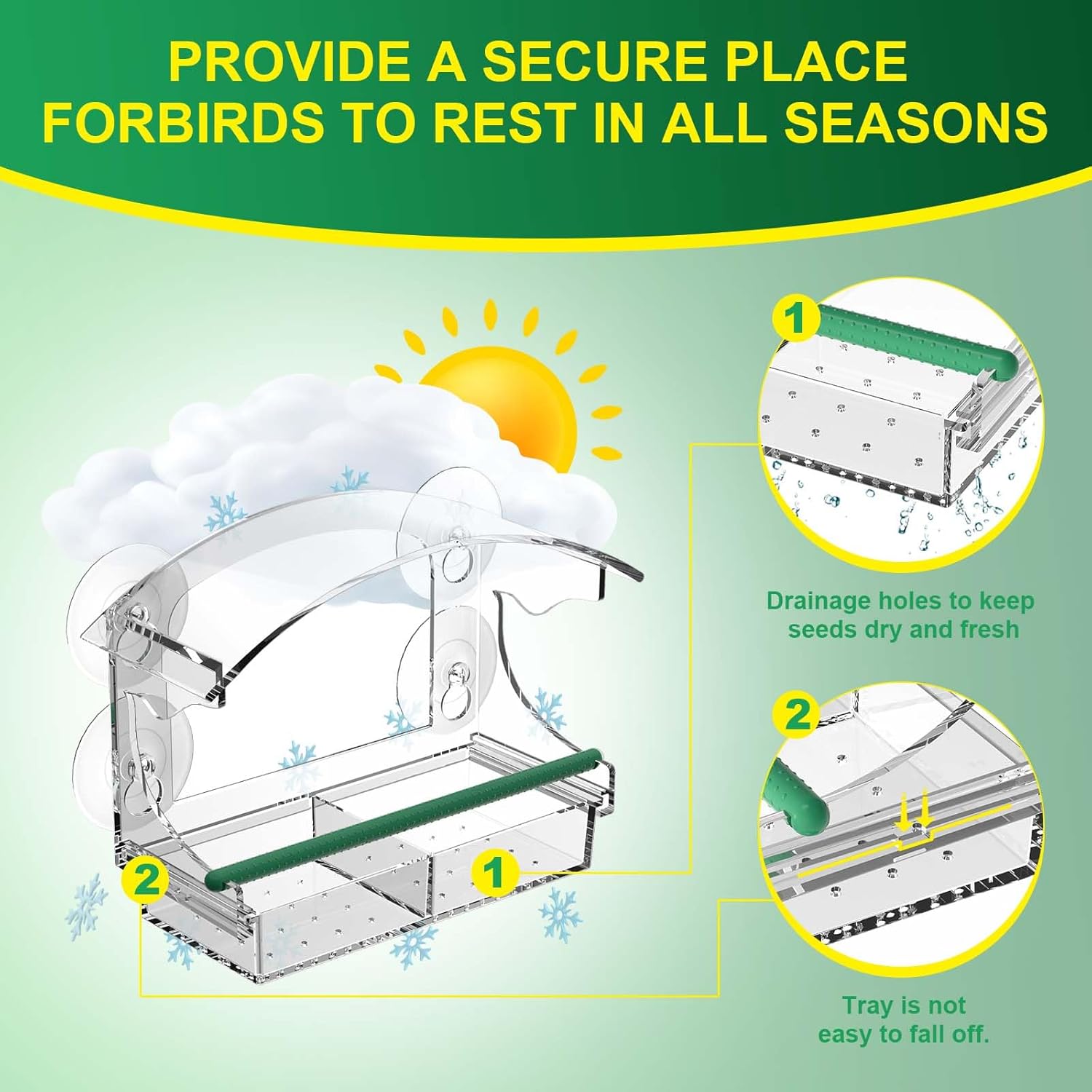 Window Bird Feeders with 4 Strong Suction Cups and Detachable Seed Tray for Small Birds only, BPYOT Acrylic Clear Bird Feeders are Unique Gardening Gifts for Elderly Grandpa/Grandma/Grandparents - Comfort Style