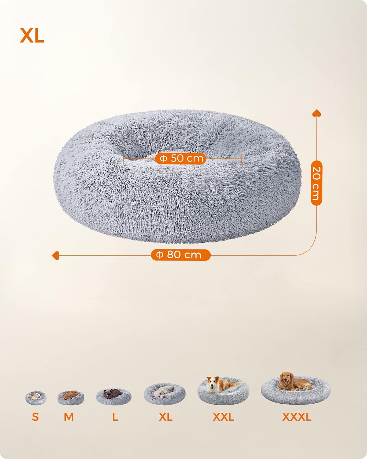 Feandrea Dog Bed, Donut Cat Bed, Fluffy Calming Pet Bed with Removable, Washable Cover, Soft Long Plush, 50 cm, Grey - Comfort Style