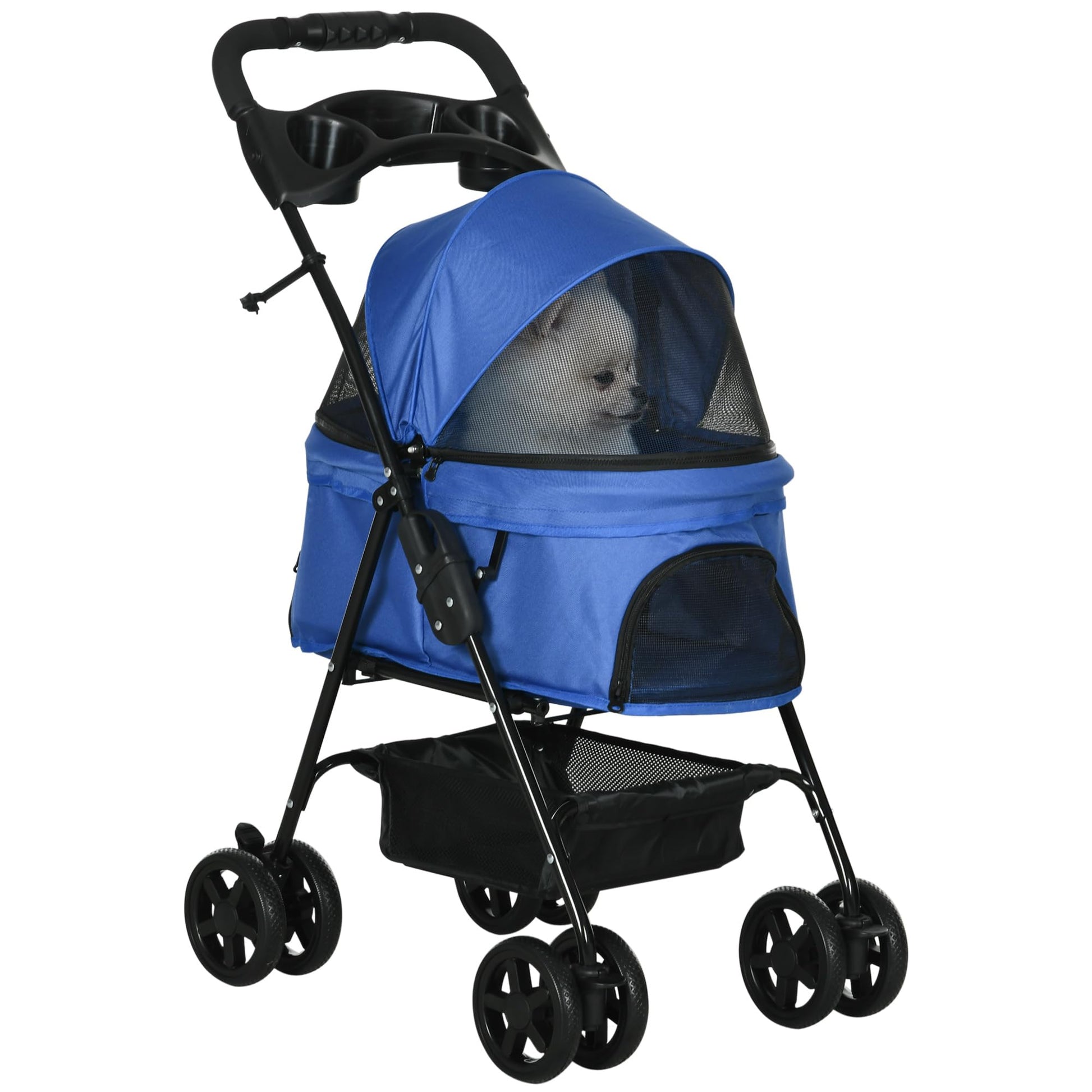 PawHut Dog Pram Dog Stroller Foldable Pet Pushchair with 4 Wheels, Safety Leashes, Cup Holder for Small Dogs, Grey