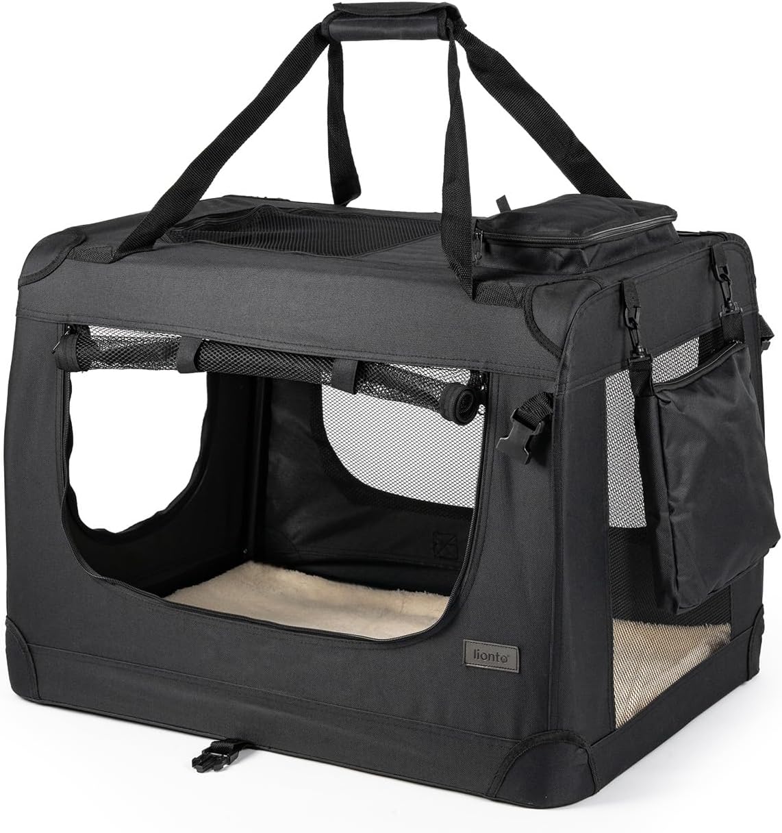 lionto Dog transport box foldable for travel & car, 50x34x36 cm, sturdy transport box with carrying handles & blanket for cats & dogs up to 10 kg, sturdy fabric dog box for small & large, beige - Comfort Style