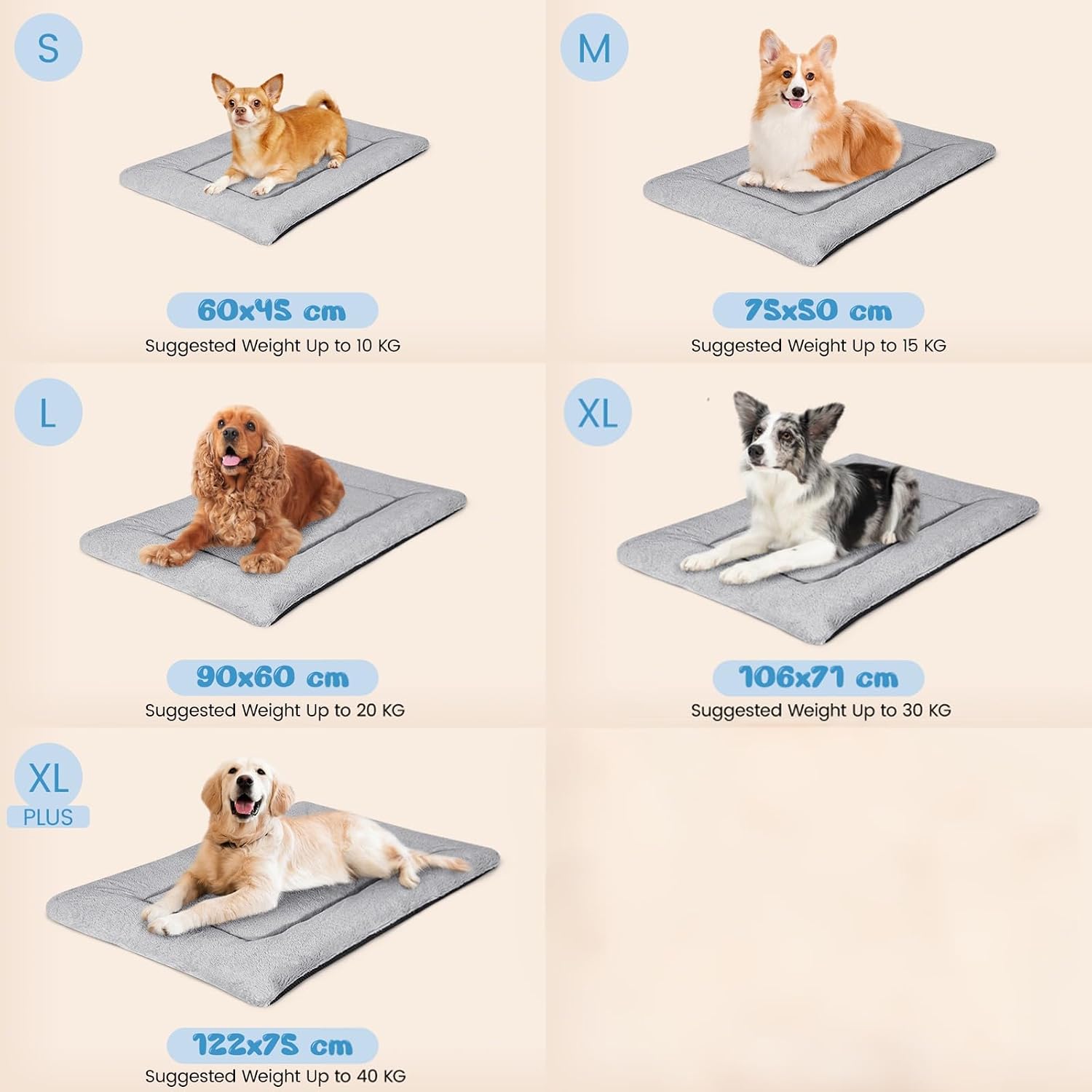 Baodan Washable Dog Bed for Medium Large Dogs Cats, Soft Dog Crate Mattress Mat, Fluffy Comfortable Pet Beds Pad Cushion- XL 106x71 cm, Grey