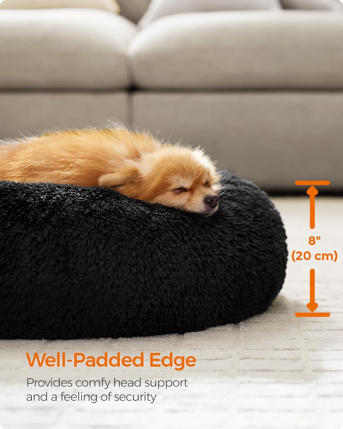 Feandrea Dog Bed, Donut Cat Bed, Fluffy Calming Pet Bed with Removable, Washable Cover, Soft Long Plush, 50 cm, Grey - Comfort Style