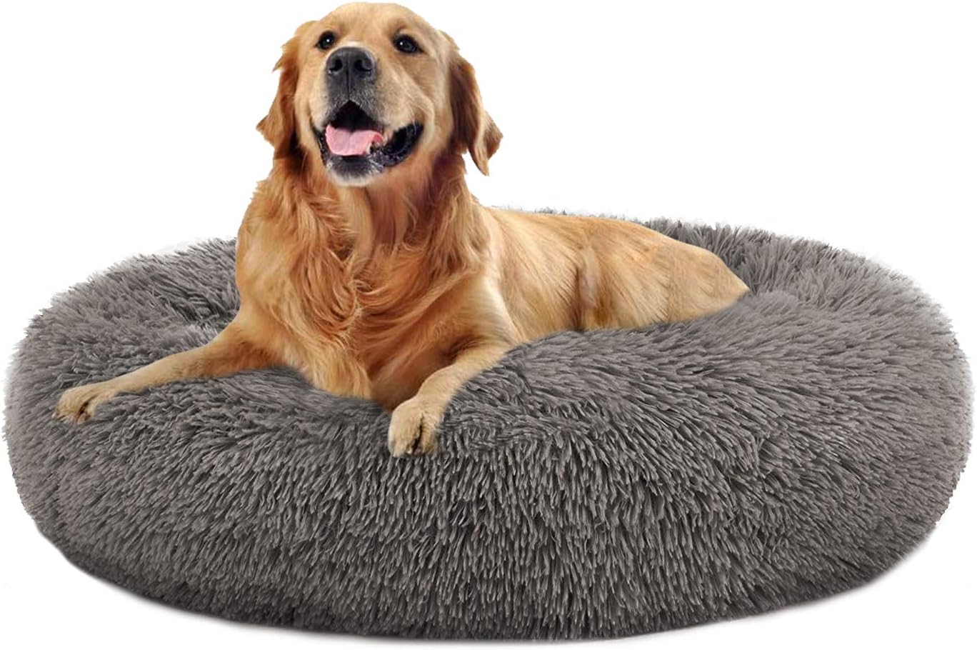 MFOX Calming Dog Bed Cat Bed Donut, Faux Fur Donut Cuddler Washable Self-Warming Pet Bed, Large Round Plush Dog Bed for Small/Medium/Large Dogs(60cm/80cm/90cm/110cm) - Comfort Style