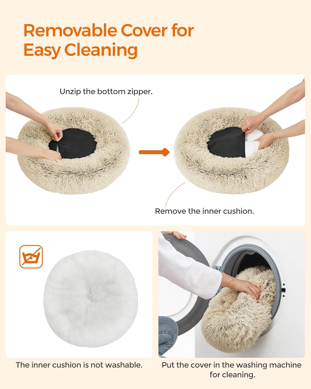 Feandrea Dog Bed, Donut Cat Bed, Fluffy Calming Pet Bed with Removable, Washable Cover, Soft Long Plush, 50 cm, Grey - Comfort Style