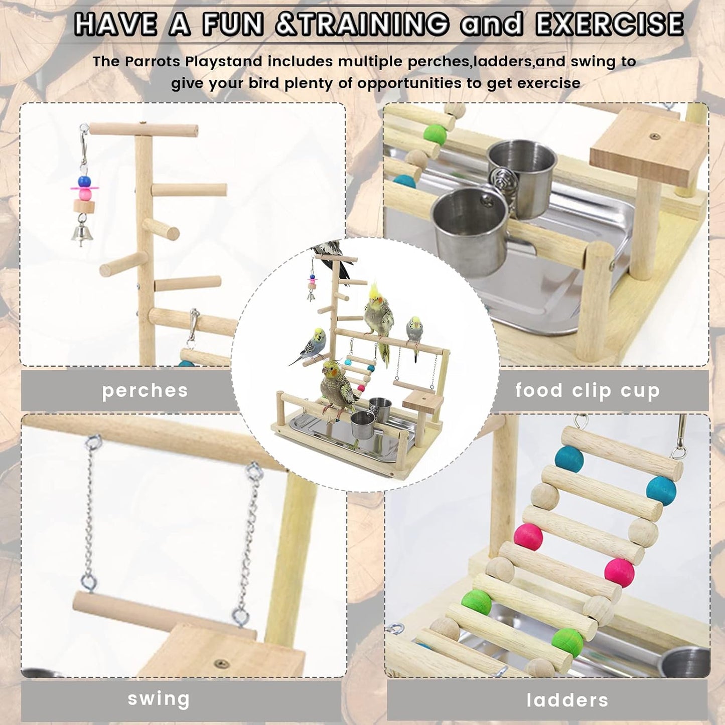 WishesMar Bird Playground Parrot Play Stand with Feeder Cup Swing Climb Ladder and Tray Budgie Playground Cage Exercise Gym Toys for Parakeets Cockatiel, Wooden, Size About 17.7x14.6x10.2 In #B - Comfort Style