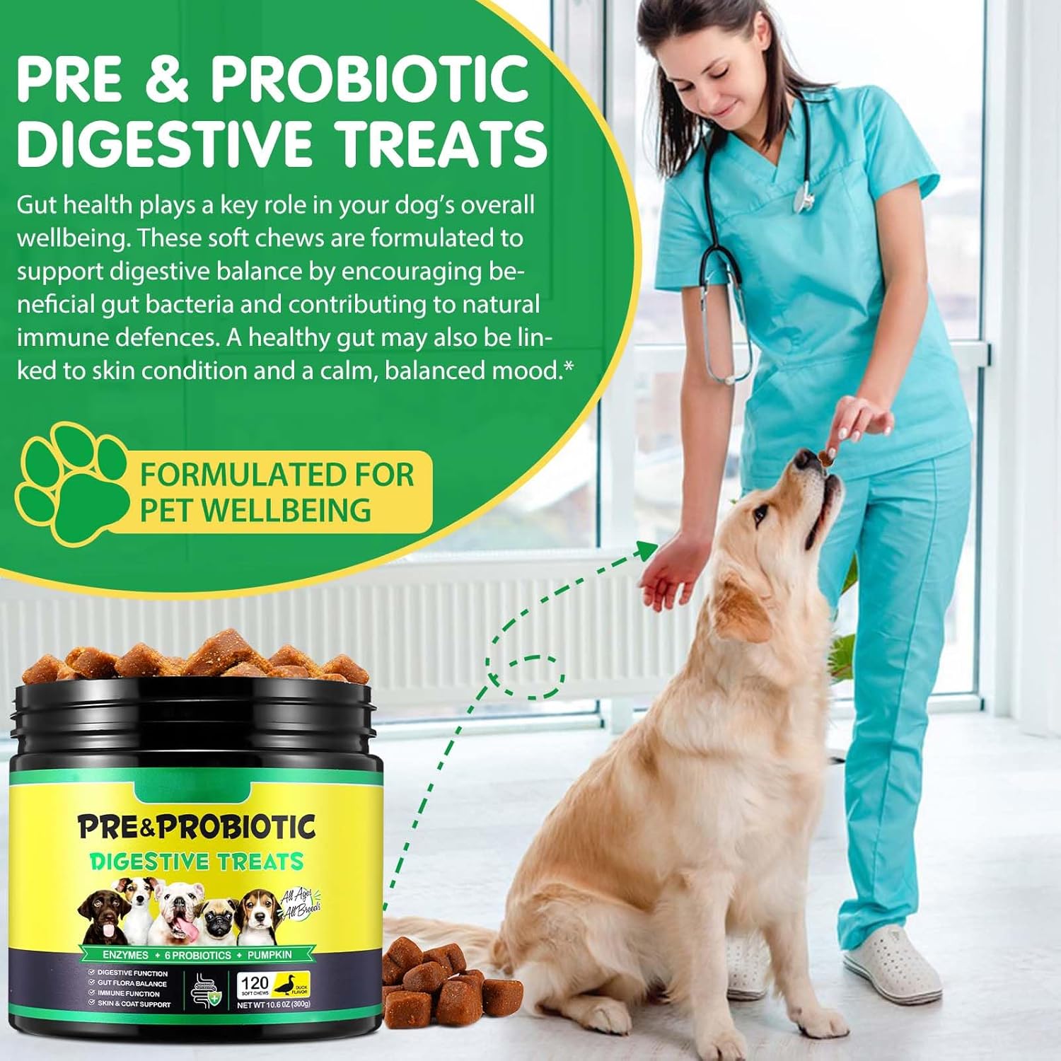 Probiotics for Dogs, 120 Chews Dog Probiotics Supplements - Supports Gut & Digestive Health, Immune Function, Sensitive Tums, Scooting, For All Dogs