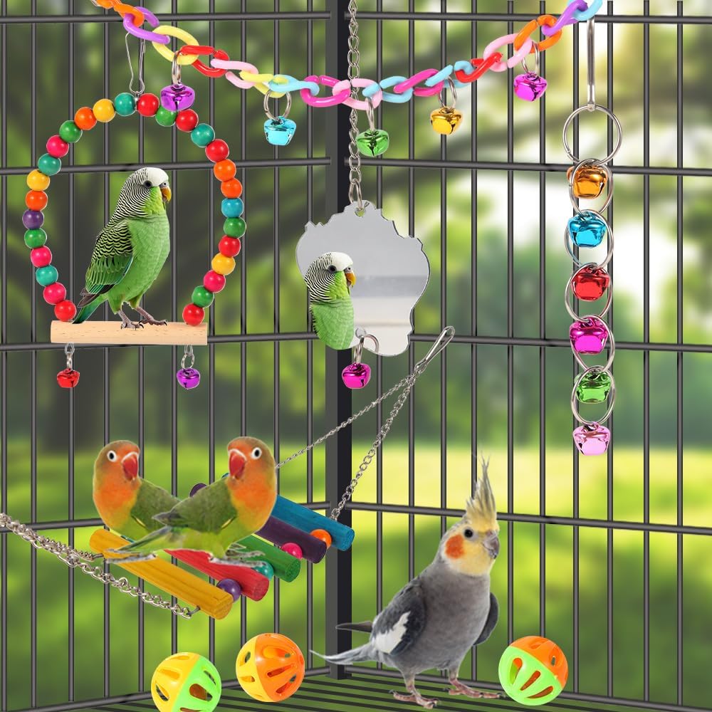 Bird Toys for Parakeets 9Pcs,Bird Wooden Ladder Bridge Parrots Toys Budgie Toys Bird Cage Accessories,Swing Hammock for Conure,Cockatiel,Love Birds, Finches, Mynah,Budgerigar - Comfort Style