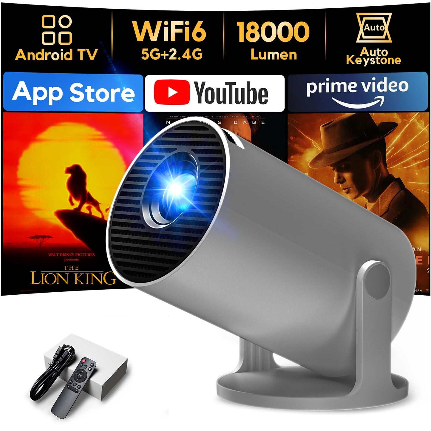 [Built-in Apps & Auto Keystone] AKIYO O2 Projector 2026 Upgraded 18000 Lumen with WiFi6 and Bluetooth 5.4, Mini Projector 1080P Full HD Supported, 180° Rotation Compatible with HDMI/USB/Laptop/PS5