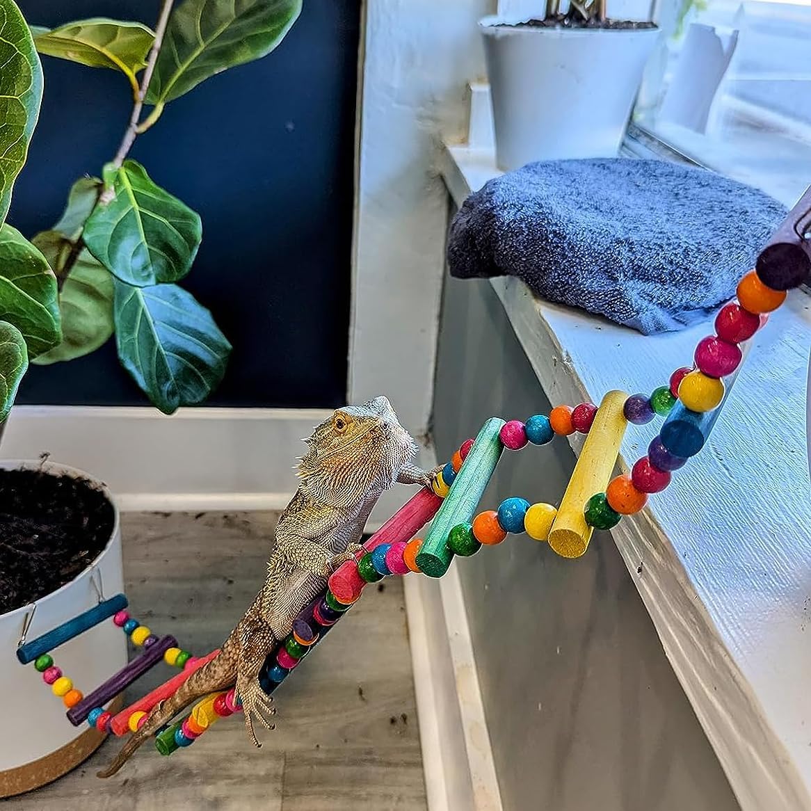 SCSpecial Bird Ladder Toys Coloured Flexible Parrot Swing Bridge Wooden Cockatiel Cage Hanging Climbing Ladder (27.6 in (12 Steps)) - Comfort Style