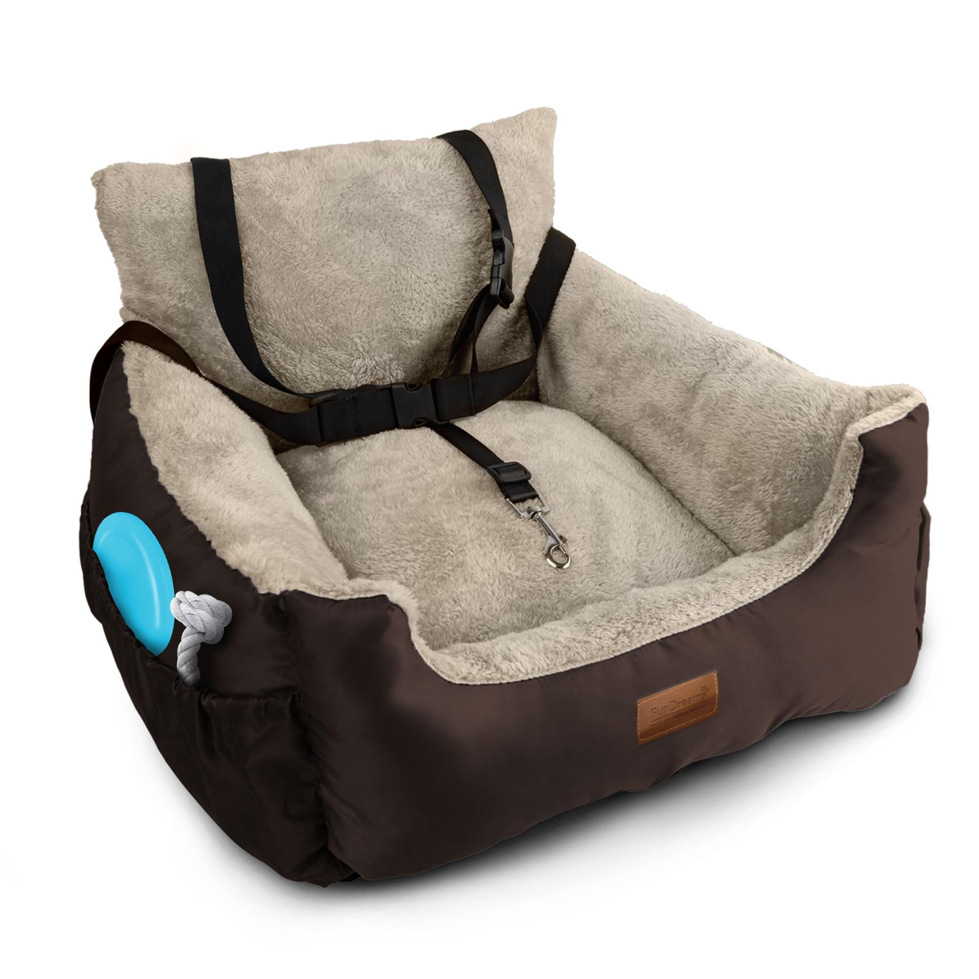 Furdreams Dog Car Seat (Black/Grey), Plush & Cosy Pet Car Booster Seat for Small Dogs & Cats with Storage Pocket, Dogs Bed with Safety Leash, Waterproof Liner & Non-Slip Base, Dog Travel Bed