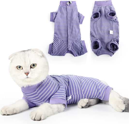 HEYWEAN Cat Recovery Suit Cat Vest Bodysuit After Surgery Stripes Long Sleeve Cat Onesies for Cats Kitten Medical Care Cone Collar Alternatives Pet Surgical Shirt Cat Clothing Pajama Suit - Comfort Style