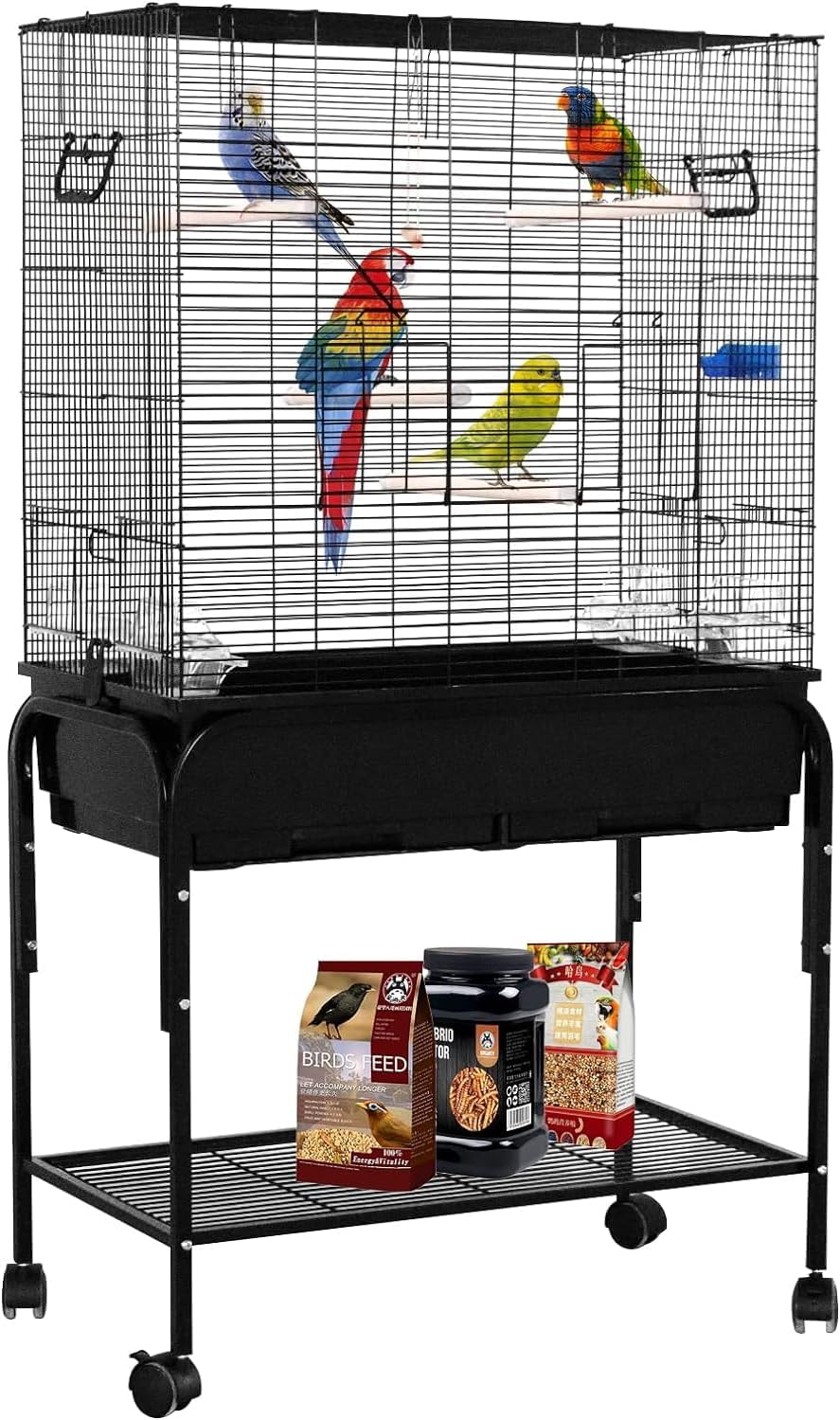 37" Rooftop Metal Large Bird Parrot Cage Carrier For Canary Budgie Cockatiel In Black & White(Black 46L x 36W x 93H) - Comfort Style
