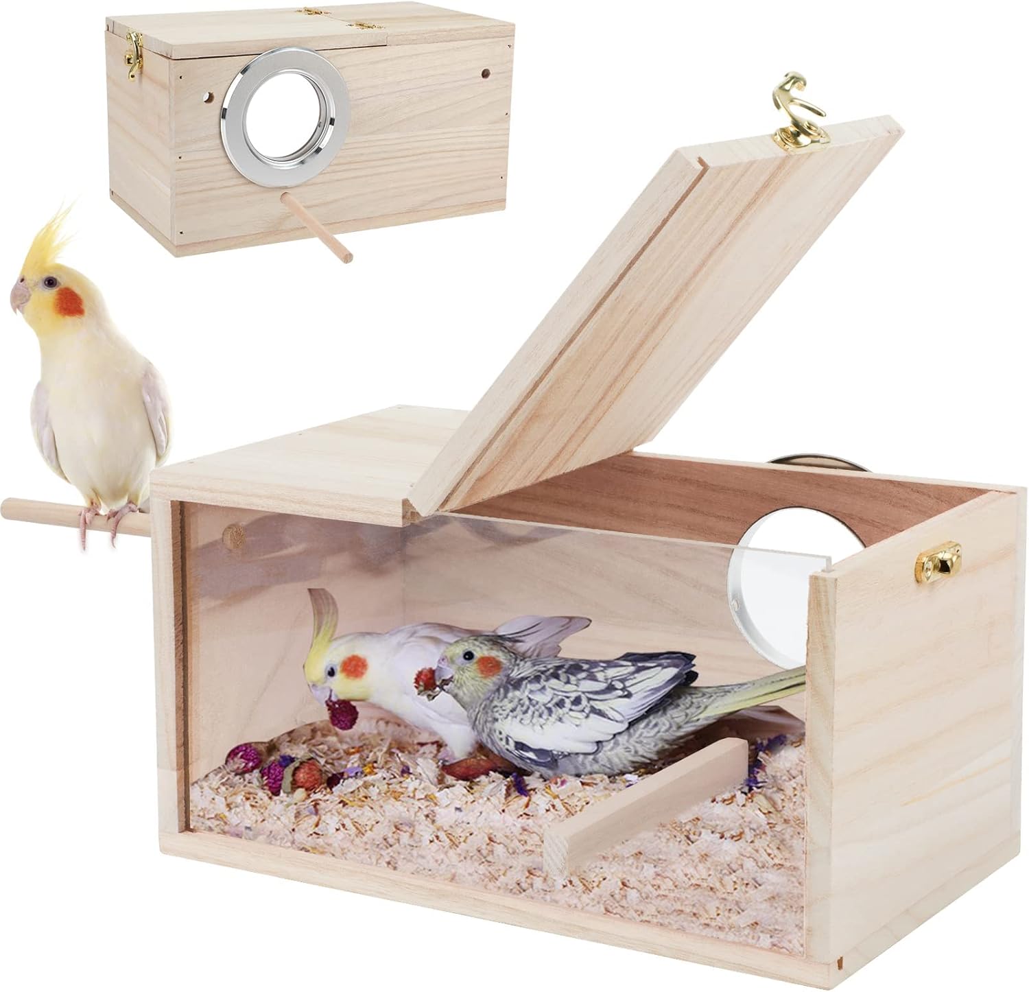 RANYPET Budgie Nesting Box Transparent Design, Bird Nest Breeding Box with Perch Wood Bird Cage House for Lovebirds Budgies Finch - Comfort Style