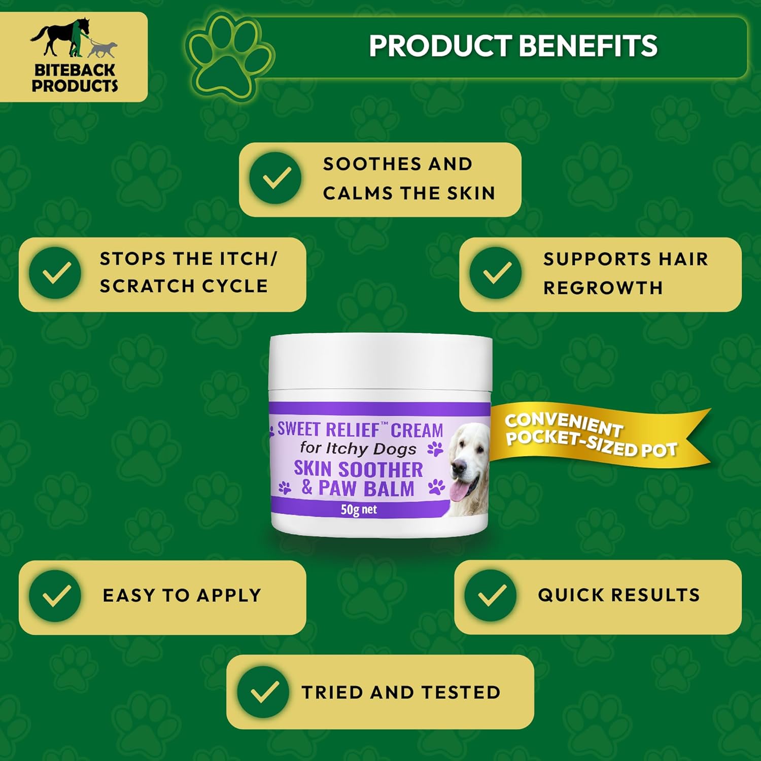 Biteback Products - Soothing Dog Paw Balm, Antiseptic Cream for Dogs, Itchy Dog Skin Relief - Ideal for On-the-Go Pet Care, Soothes Paws and Skin, Compact Pocket Sized Pot Dog Skin Cream - 50g