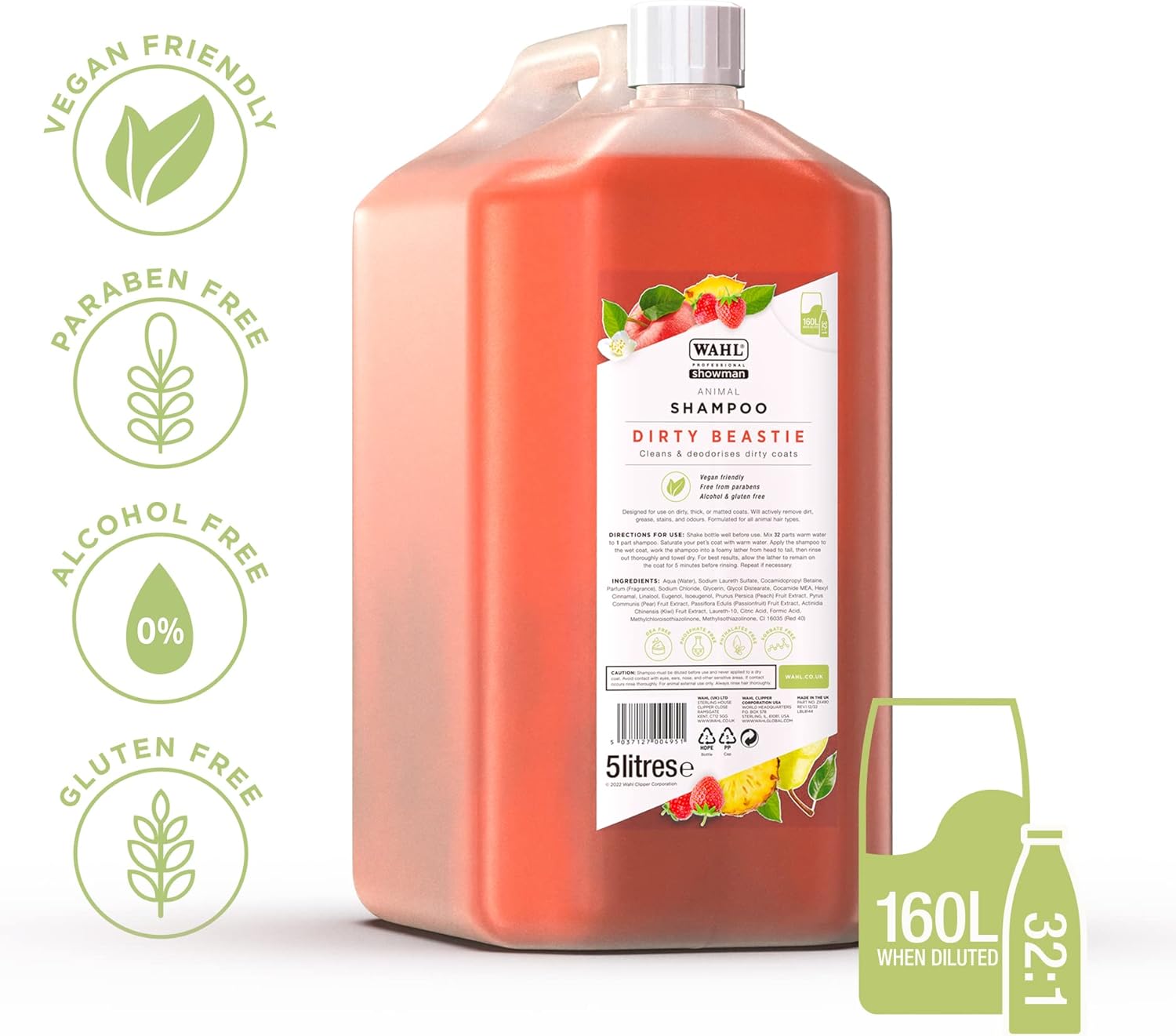 Wahl Dirty Beastie Shampoo, Dog Shampoo, Shampoo for Pets, Natural Pet Friendly Formula, For Dirty Pet Coats, Concentrate 32:1, Remove Dirt and Odours, Smelly Coat, 5 Litre
