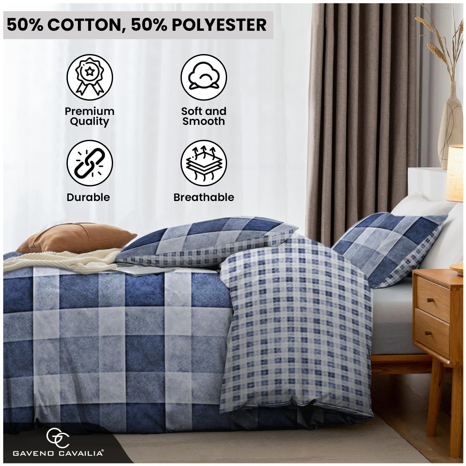 Gaveno Cavailia Luxury DENIM CHECK Bed Set with Duvet Cover and Pillow Cases, Polyester-Cotton - Comfort Style
