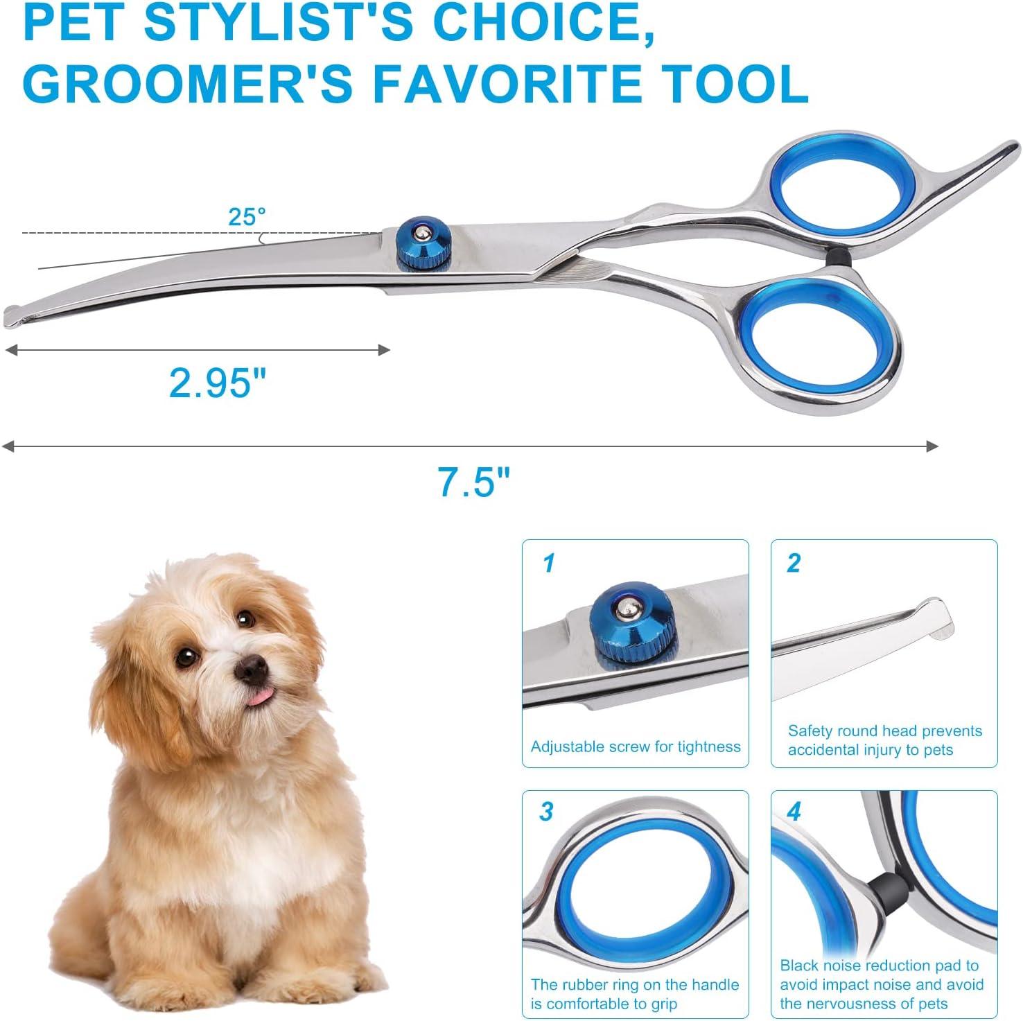 Dog Grooming Scissors with Safety Round Tip, Pet Dog Cat Curved Grooming Shears Scissors, Stainless Steel Pet Grooming Tools (Silver Down Curved Scissor) - Comfort Style