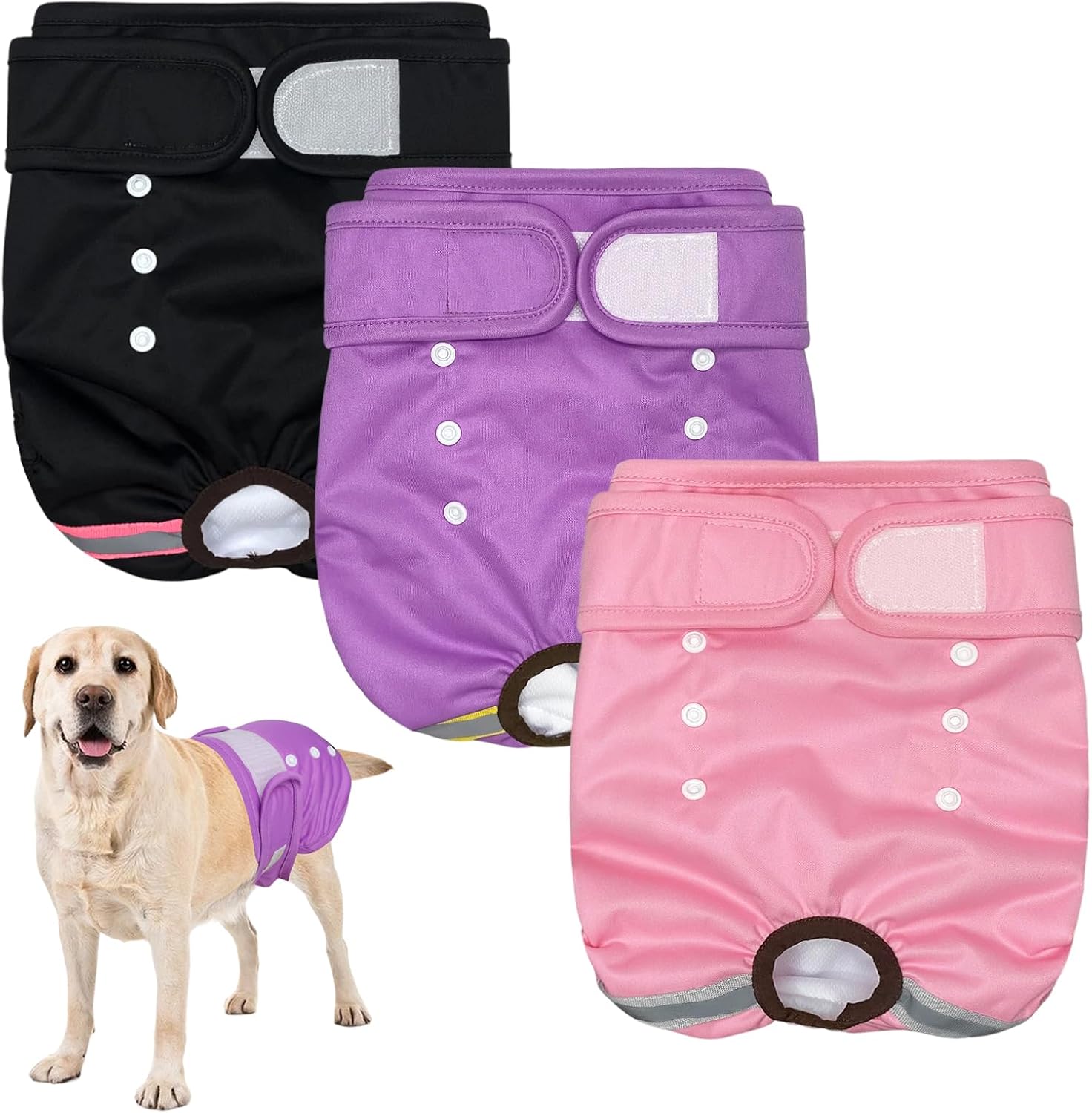 EOAMGO Dog Nappies, Reusable Dog Period Pants, Dogs Incontinence Pant, Dog Season Pants Female (Black, Pink, Purple, M, count, 3)