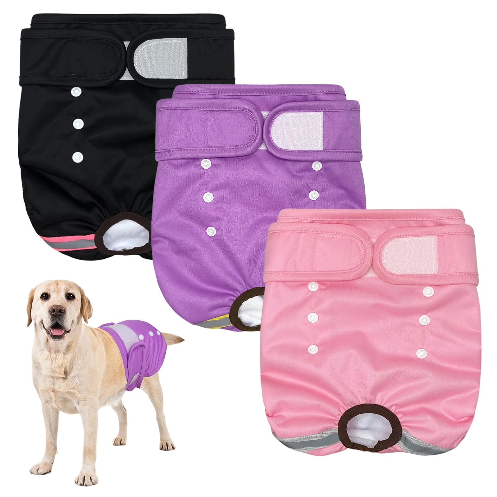 EOAMGO Dog Nappies, Reusable Dog Period Pants, Dogs Incontinence Pant, Dog Season Pants Female (Black, Pink, Purple, M, count, 3)