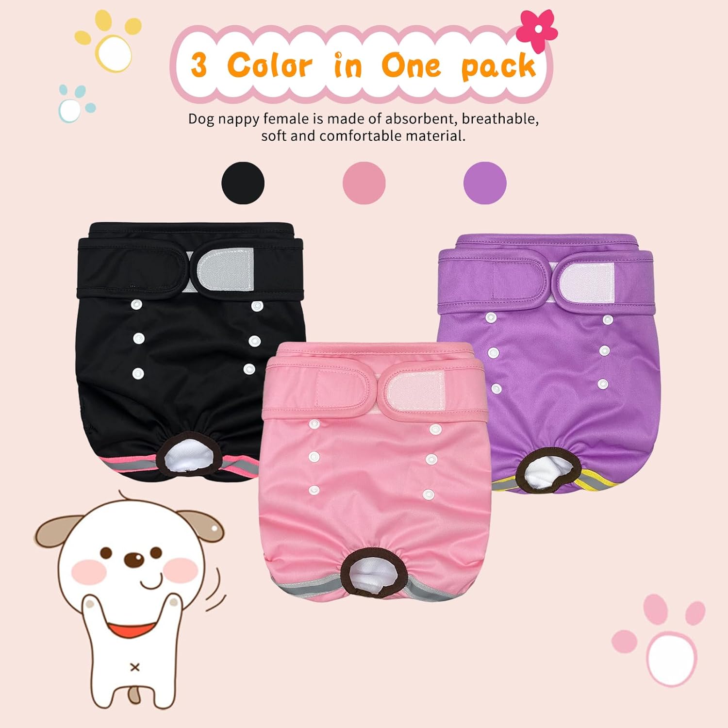EOAMGO Dog Nappies, Reusable Dog Period Pants, Dogs Incontinence Pant, Dog Season Pants Female (Black, Pink, Purple, M, count, 3)