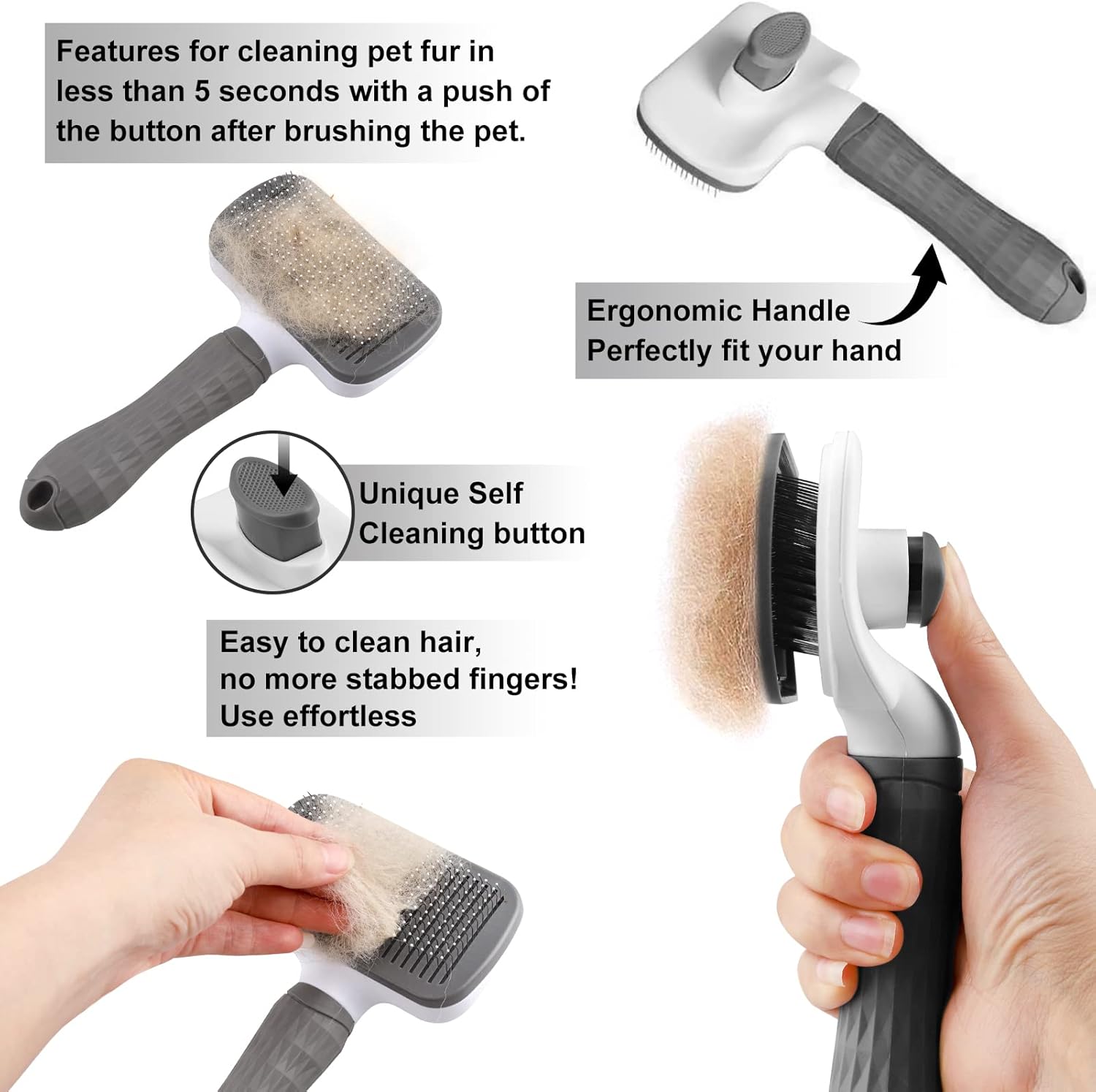 Dog Brush Cat Brush Grooming Comb,Self Cleaning Cat Dog Slicker Brushes with Smooth handle,Pet Grooming Tool with Cleaning Button for Cat Dog Shedding Brush Cat Dog Massage Clean Tangled Brush(Grey) - Comfort Style