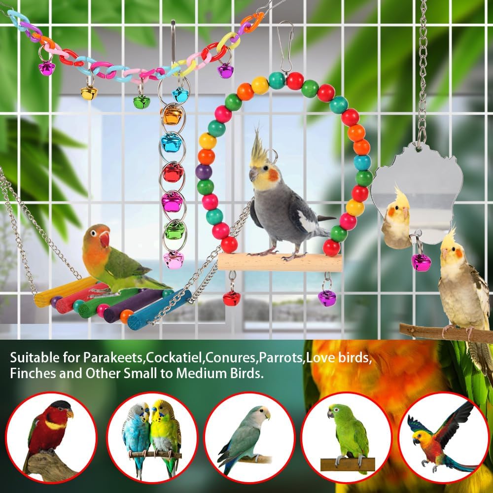 Bird Toys for Parakeets 9Pcs,Bird Wooden Ladder Bridge Parrots Toys Budgie Toys Bird Cage Accessories,Swing Hammock for Conure,Cockatiel,Love Birds, Finches, Mynah,Budgerigar - Comfort Style