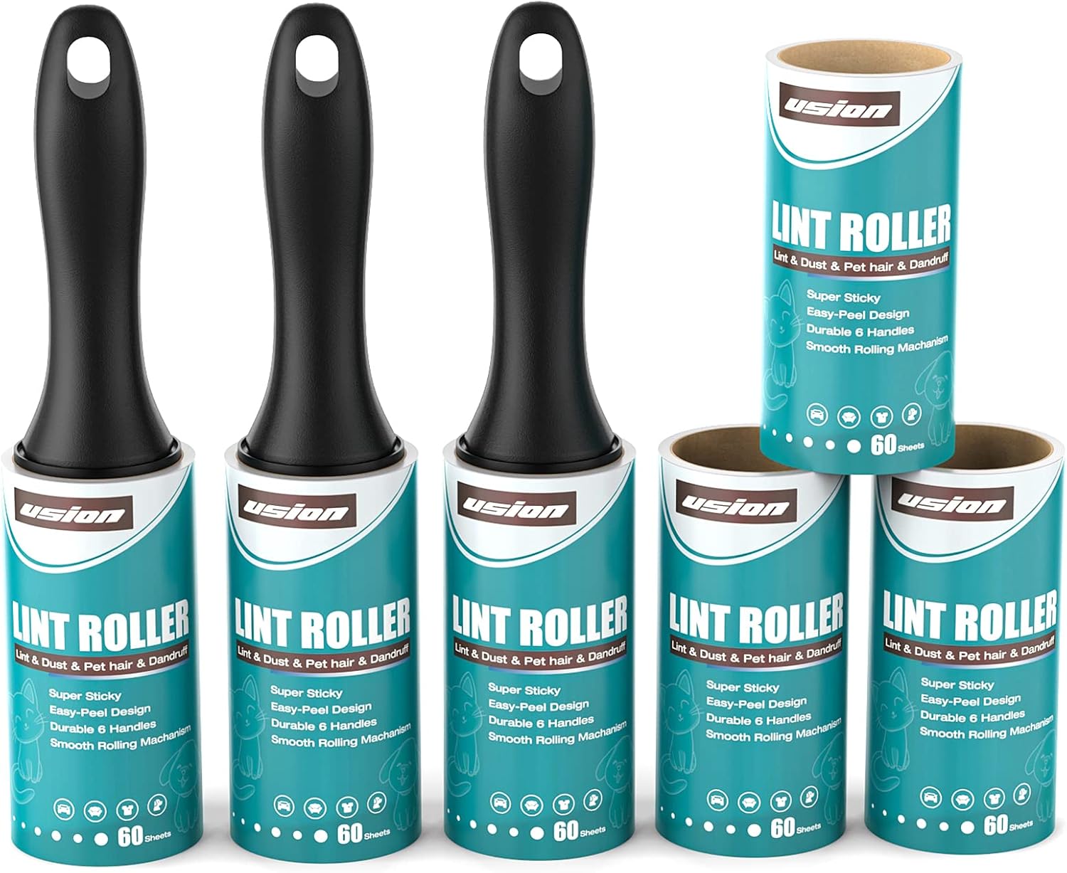 USION Lint Roller - Extra Sticky Lint Rollers for Pet Hair, 480 Sheets of Lint Roller Refills and 2 Handles, Clothes Roller Sticky for Pet Hair Clothes Carpet - Comfort Style