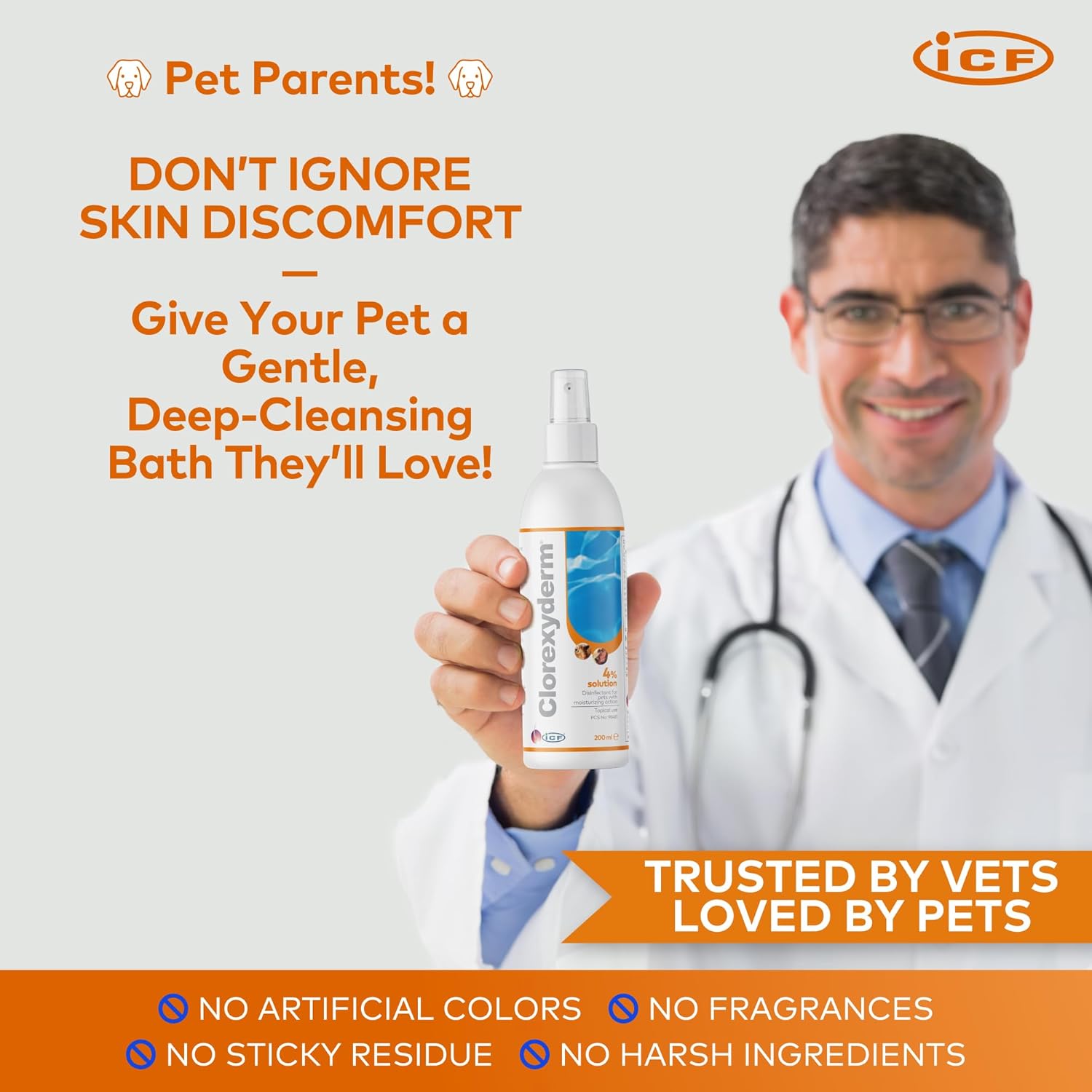 ICF Clorexyderm® 4% Antiseptic Spray for Dogs & Cats - Antibacterial & Antifungal Care for Itchy Skin Relief - 200 ml