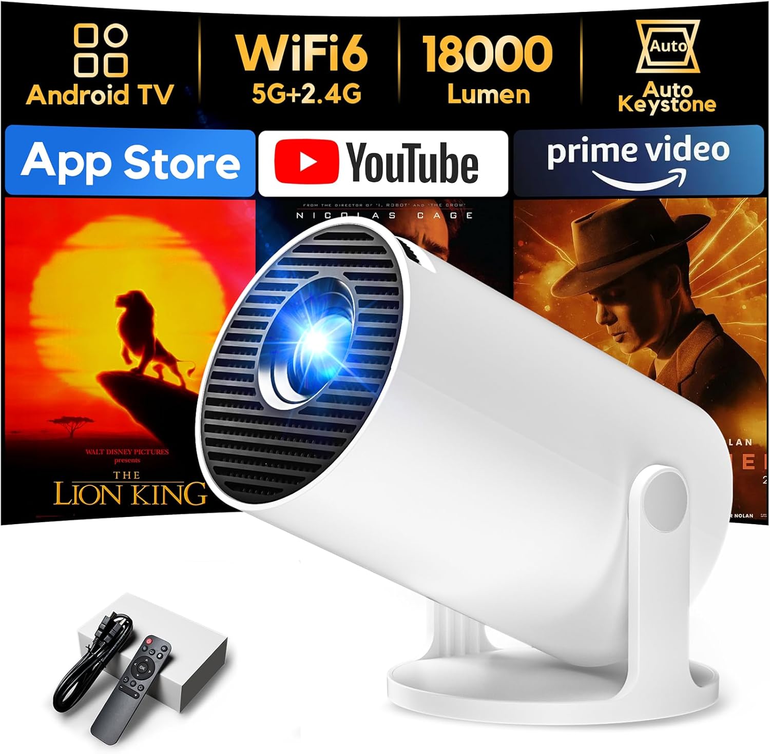 [Built-in Apps & Auto Keystone] AKIYO O2 Projector 2026 Upgraded 18000 Lumen with WiFi6 and Bluetooth 5.4, Mini Projector 1080P Full HD Supported, 180° Rotation Compatible with HDMI/USB/Laptop/PS5