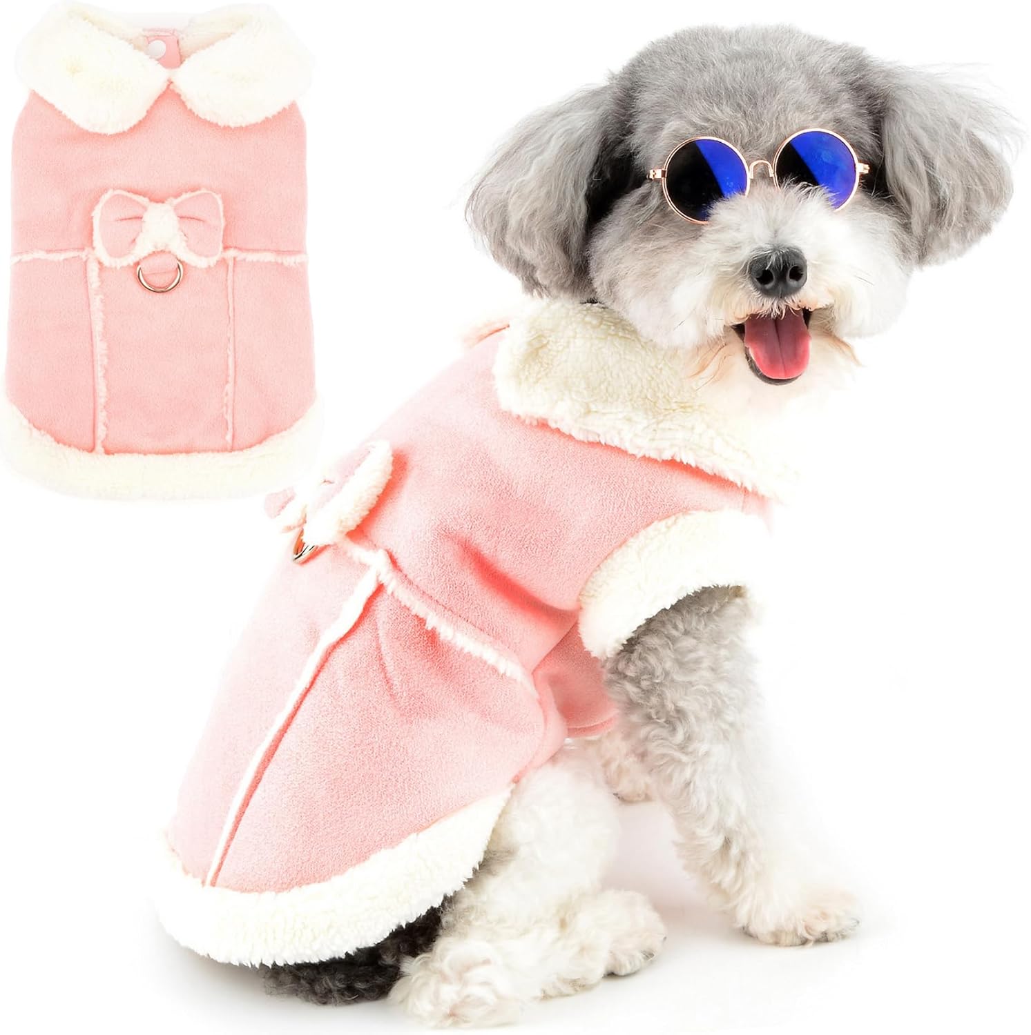 Zunea Dog Winter Coats for Small Dogs Cats Shearing Fleece Dog Jacket Coat with D-Ring Cute Puppy Clothes with Bow Soft Warm Fleece Vest Clothing Windproof Cold Weather Pet Chihuahua Apparel Khaki M - Comfort Style