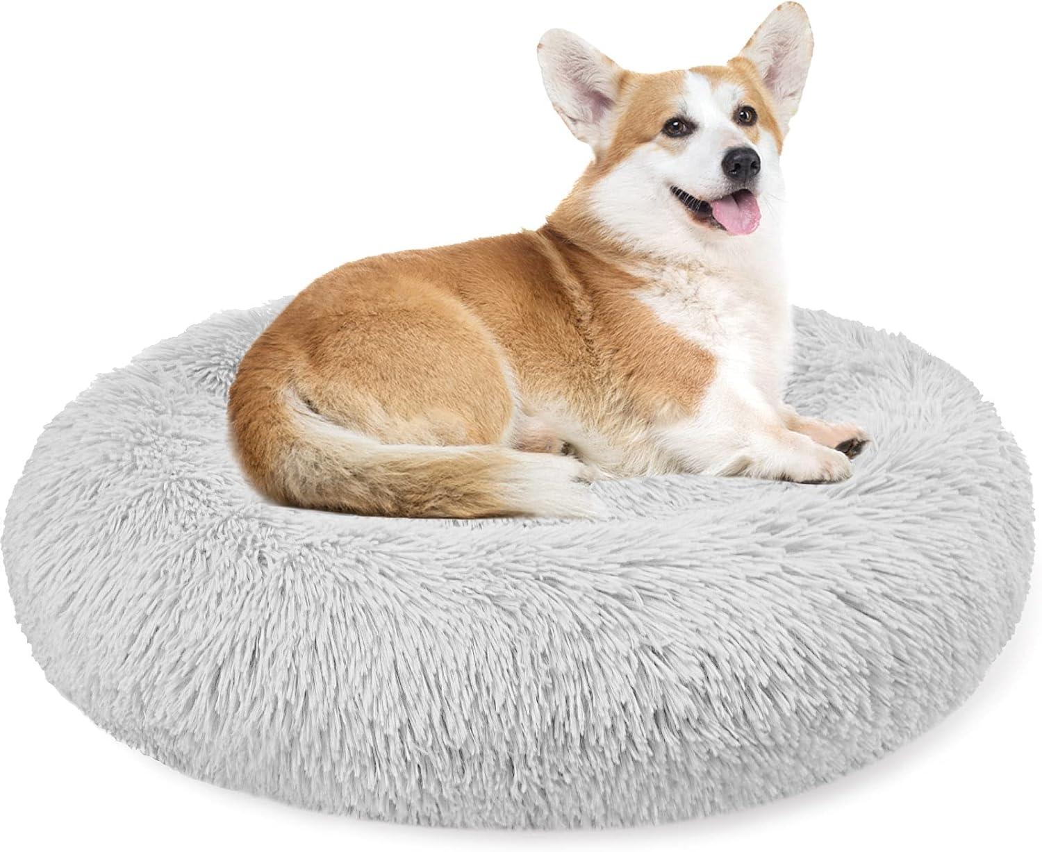 Enjamoy Plush Donut Dog Bed, Calming Round Dog Cat Bed Soft and Fluffy Cuddler Pet Cushion Self-Warming Puppy Beds Machine Washable, Grey 50cm - Comfort Style