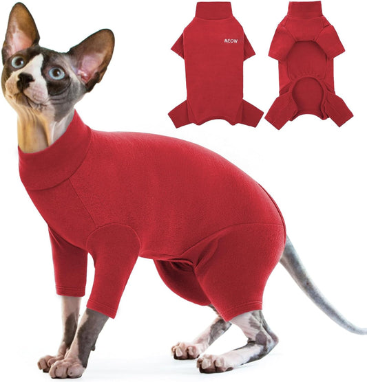 Cat Onesie, Cat Coat for Cats Only Cat Body suit Cat Surgery Recovery Suit Full Body Coverage Cat Onesie Recovery Suit Sphynx Cat Jumpsuit Cat Winter Clothes(Red, L) - Comfort Style
