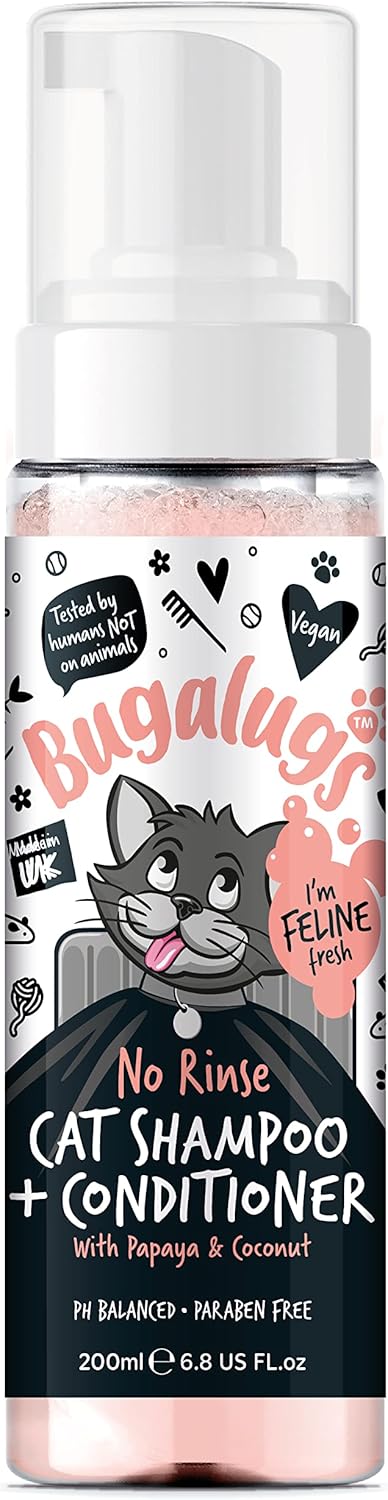 Bugalugs No Rinse Cat Shampoo & Conditioner with Papaya & Coconut. Brush through, no rinse shampoo & conditioner for cats and kittens. Foam action grooming dry shampoo kitten (No Rinse Shampoo) - Comfort Style