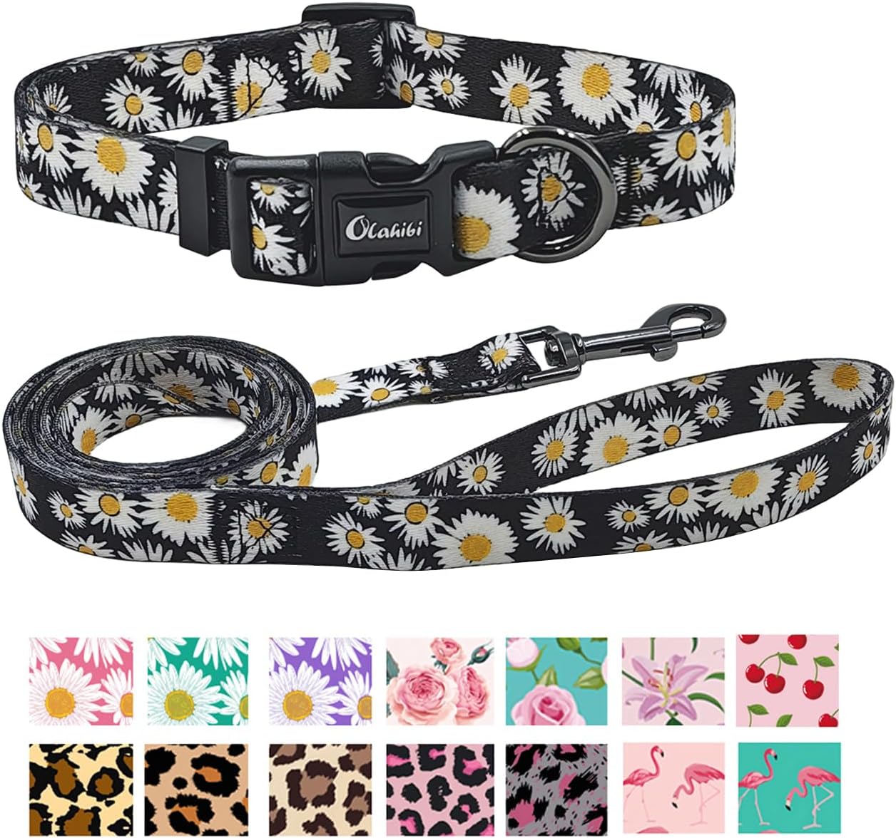 Olahibi Daisy Pattern Dog Collar and Leash Set,Durable Polyester Collar and 150CM Matching Lead for Small Dogs.(S, Green Daisy) - Comfort Style
