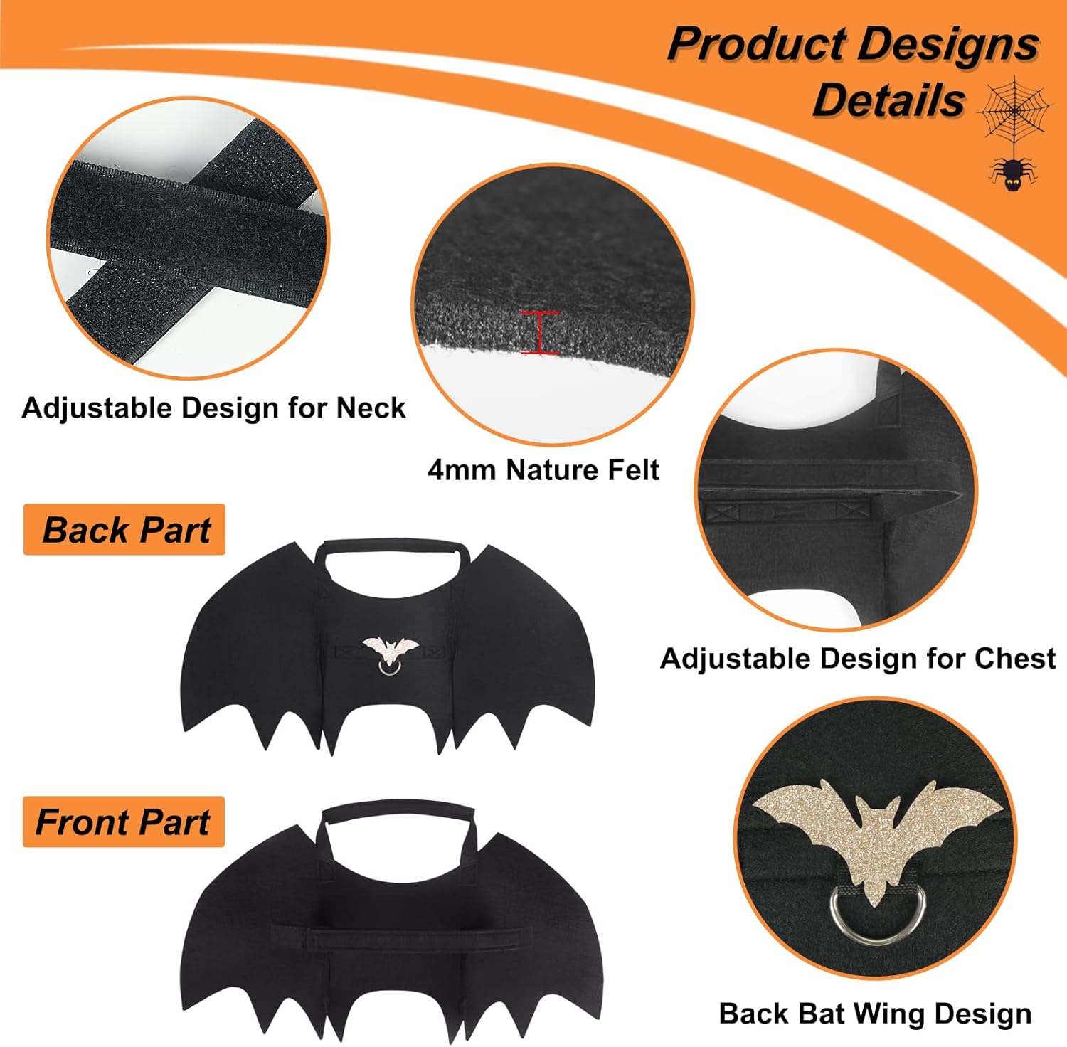 Vivifying Dog Bat Wings, Dog Halloween Costumes for Medium Dogs with Pumpkin Bell, Adjustable Pet Cosplay Costumes(Neck：12.6-20.5 in/Chest：13.5-24.4 in)