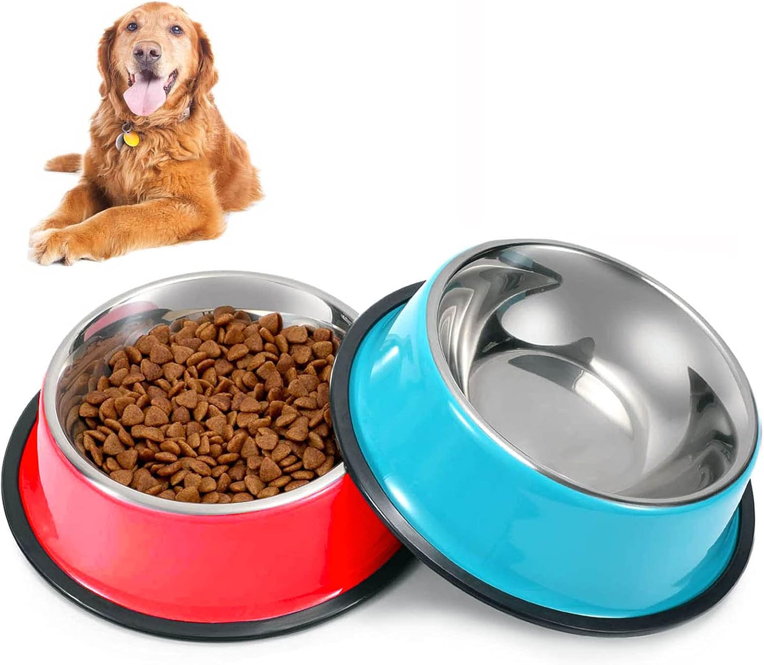 SUOXU Dog Bowl,Stainless Steel Dog dishes,Non-Slip Dog Feeding Bowls Metal Dog Bowls,Medium Dog Food Bowl and Water Bowls,Pack of 2 - Comfort Style