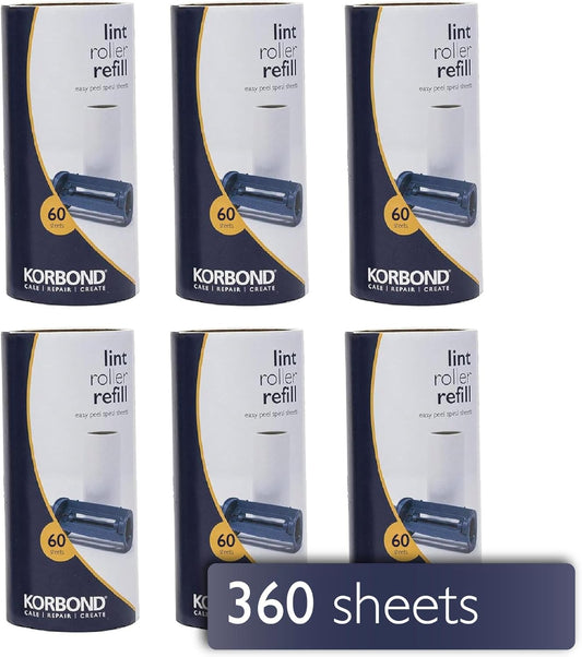Korbond Lint Roller Refills 6 Pack - 360 Sheets Lint Rollers, Lint Remover, Pet Hair Remover, Dog Hair Remover, Clothes Roller Sticky, Pet Hair Remover Roller - Comfort Style