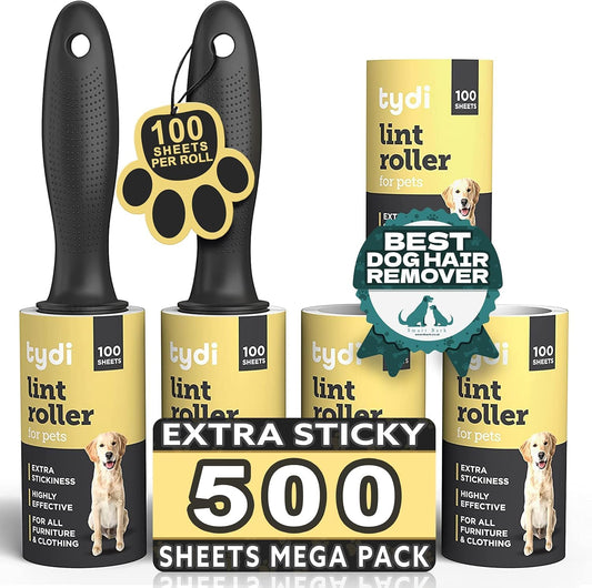 Tydi Pet Lint Roller Value Pack – 2 Handles, 1200 Sheets & 2 Lint Removers – Includes Carpet Scraper with Wooden Handle – Sticky Rollers for Pet Hair - Comfort Style