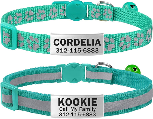TagME 2 Pack Cat Collar with Name Tag and Bell, Personalized Quick Release Kitten Collar with Silent Slide On ID Tags for Boy and Girl Cat, Teal - Comfort Style